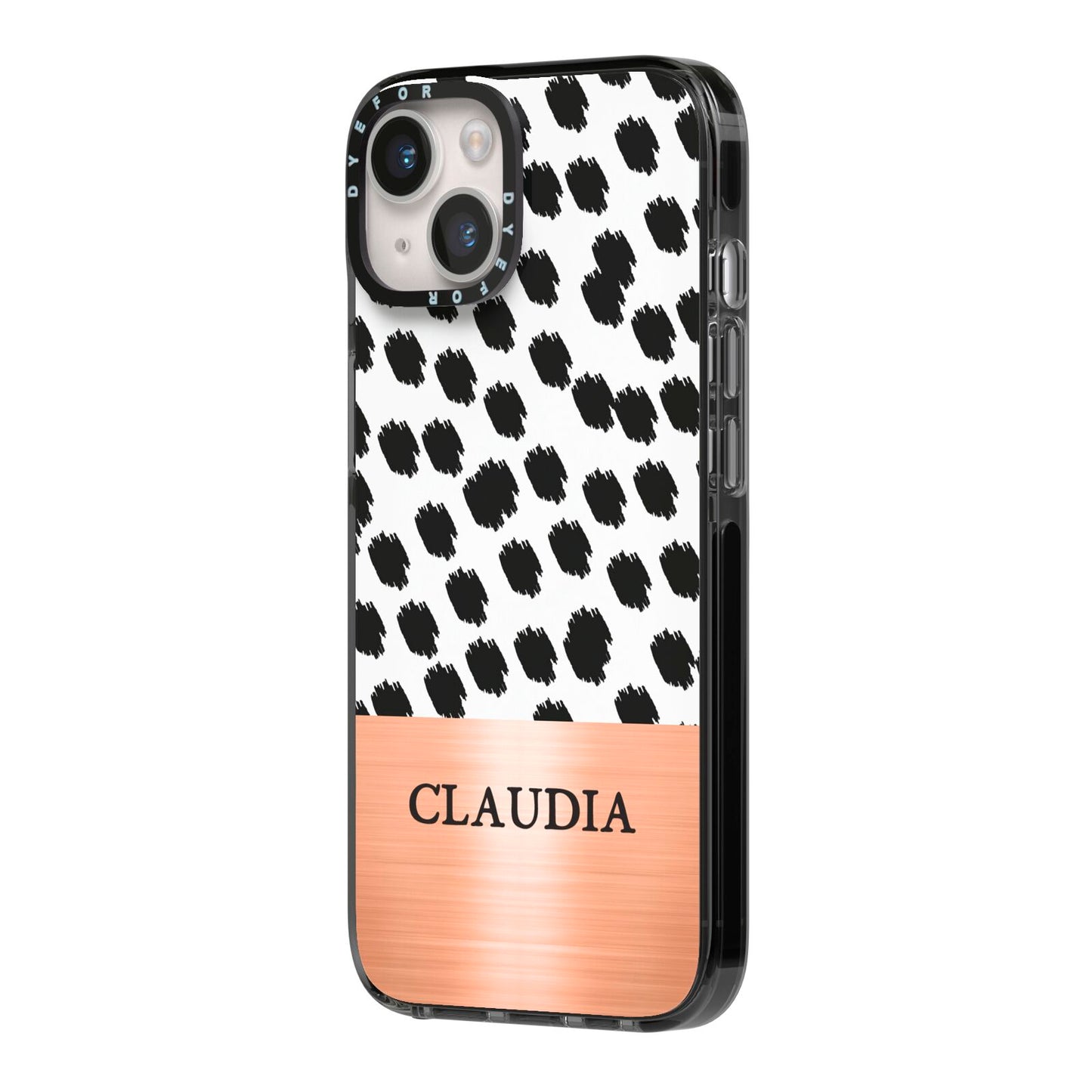 Personalised Animal Print Rose Gold Name iPhone 14 Black Impact Case Side Angle on Silver phone