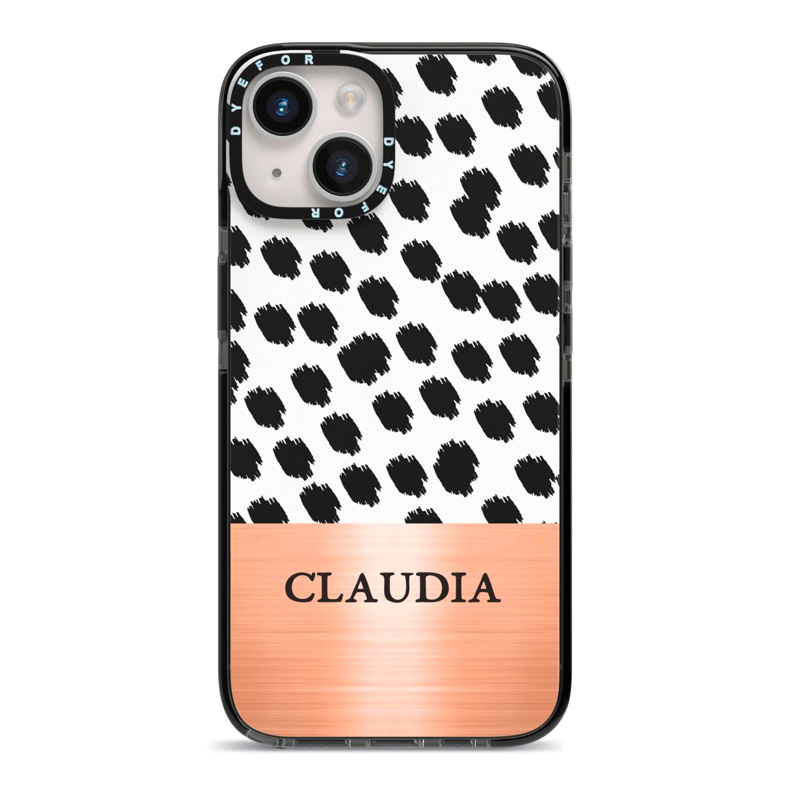 Personalised Animal Print Rose Gold Name iPhone 14 Black Impact Case on Silver phone