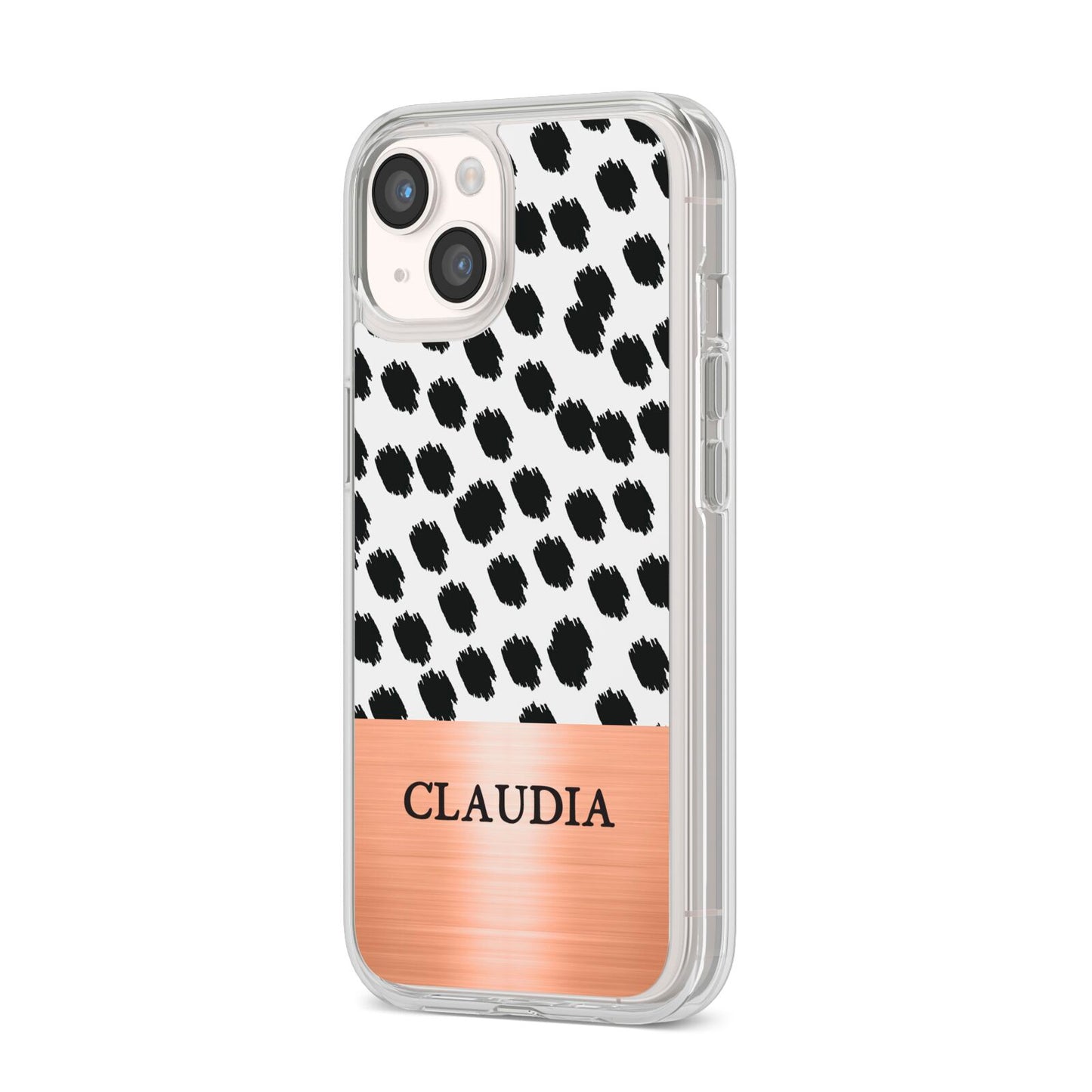 Personalised Animal Print Rose Gold Name iPhone 14 Clear Tough Case Starlight Angled Image