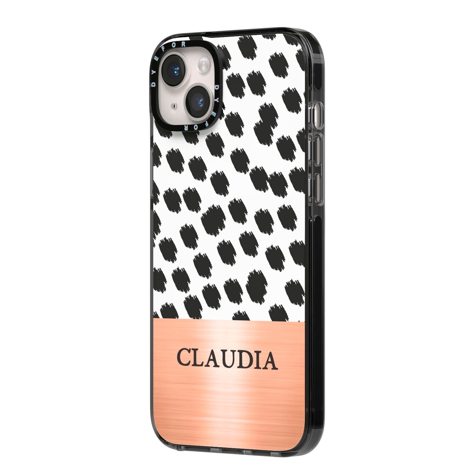 Personalised Animal Print Rose Gold Name iPhone 14 Plus Black Impact Case Side Angle on Silver phone