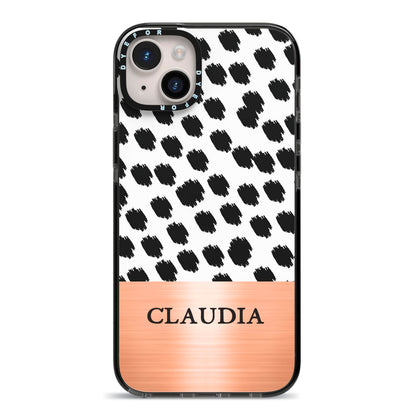 Personalised Animal Print Rose Gold Name iPhone 14 Plus Black Impact Case on Silver phone