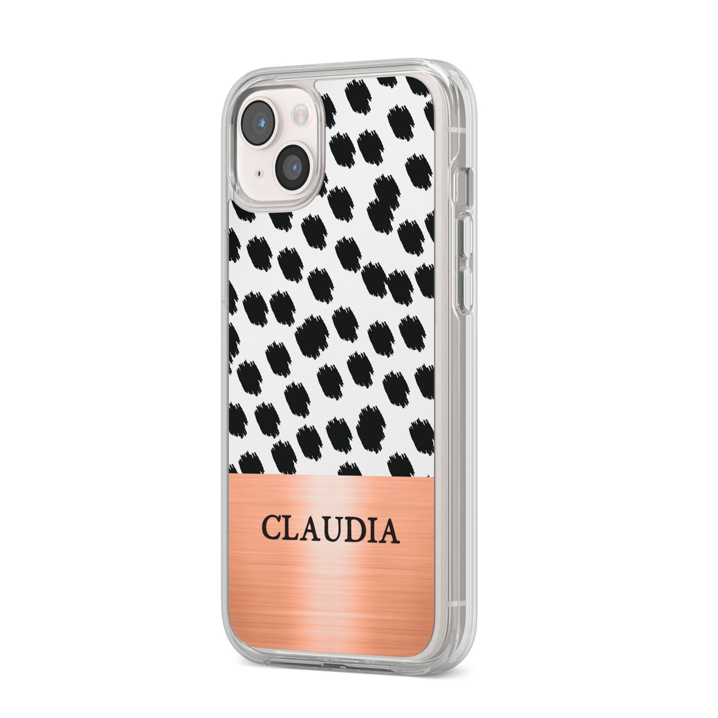 Personalised Animal Print Rose Gold Name iPhone 14 Plus Clear Tough Case Starlight Angled Image