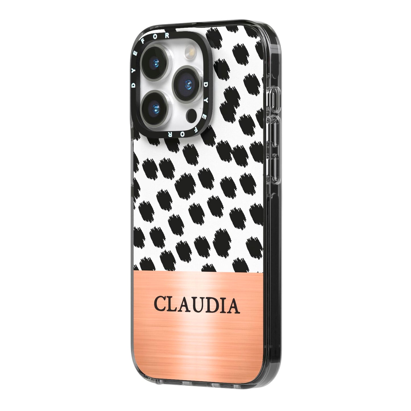 Personalised Animal Print Rose Gold Name iPhone 14 Pro Black Impact Case Side Angle on Silver phone