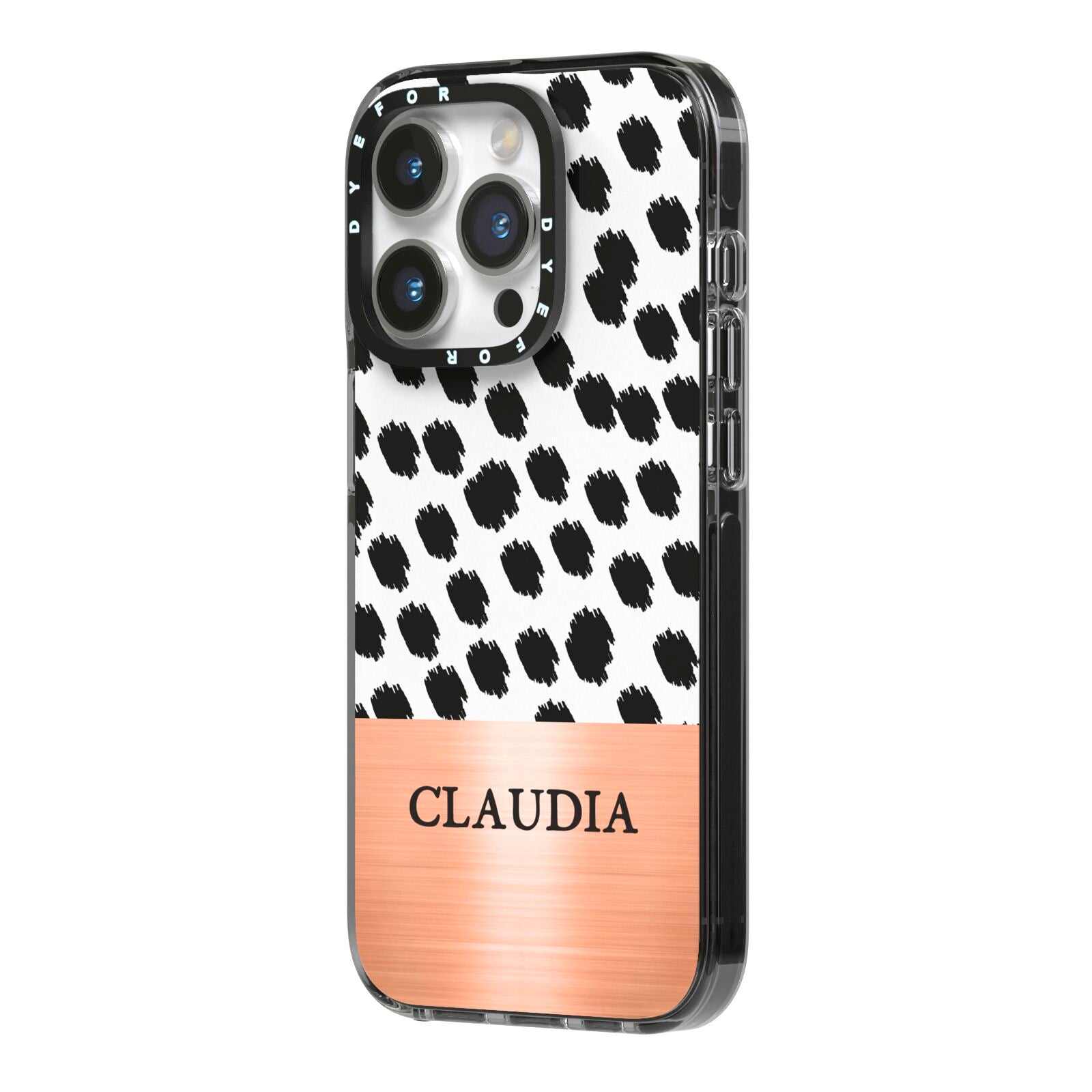 Personalised Animal Print Rose Gold Name iPhone 14 Pro Black Impact Case Side Angle on Silver phone
