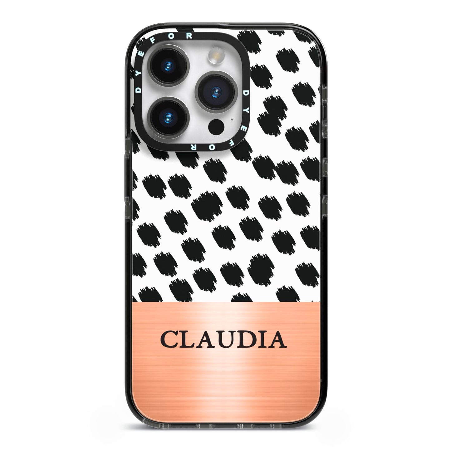 Personalised Animal Print Rose Gold Name iPhone 14 Pro Black Impact Case on Silver phone