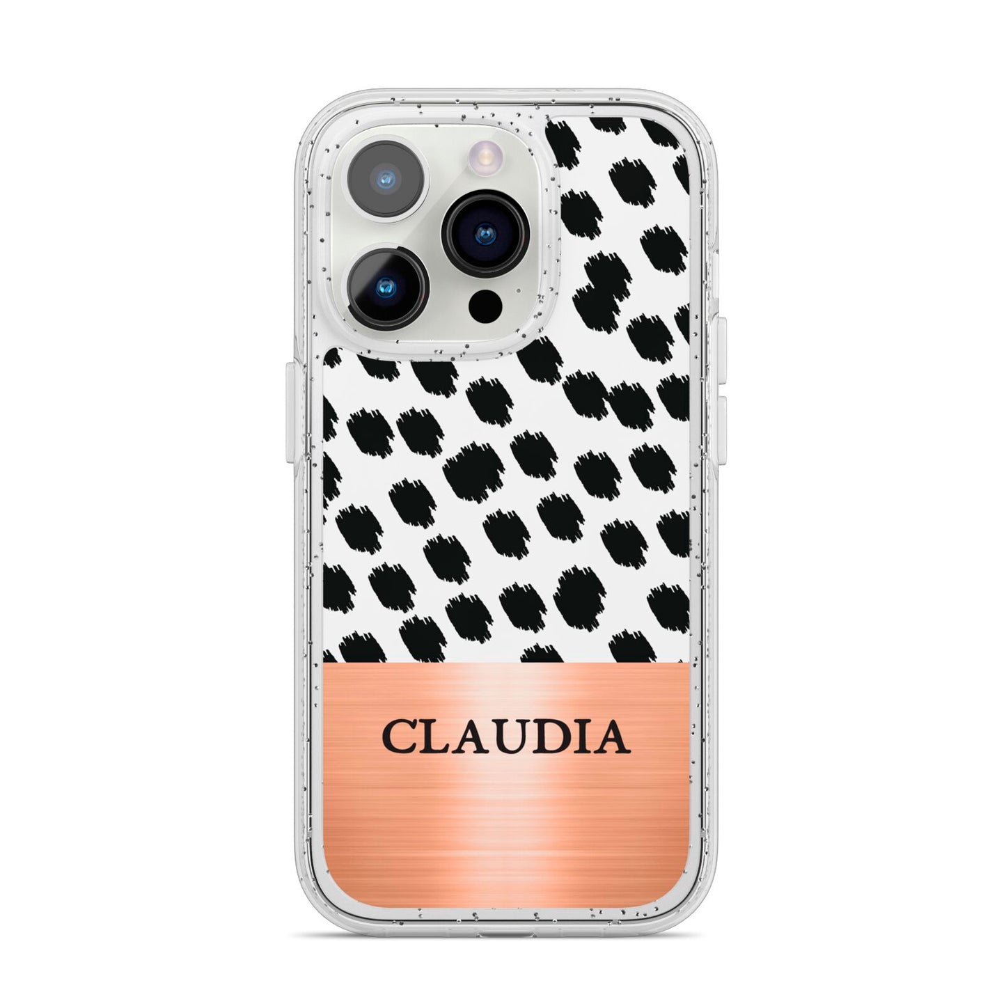 Personalised Animal Print Rose Gold Name iPhone 14 Pro Glitter Tough Case Silver