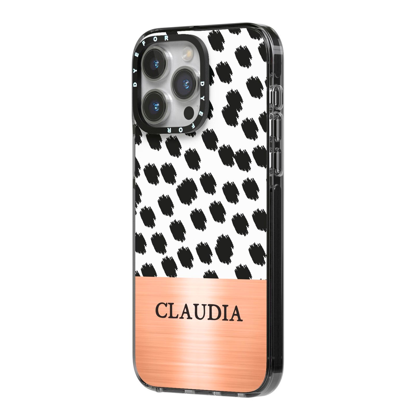 Personalised Animal Print Rose Gold Name iPhone 14 Pro Max Black Impact Case Side Angle on Silver phone