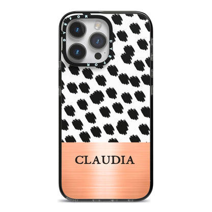 Personalised Animal Print Rose Gold Name iPhone 14 Pro Max Black Impact Case on Silver phone