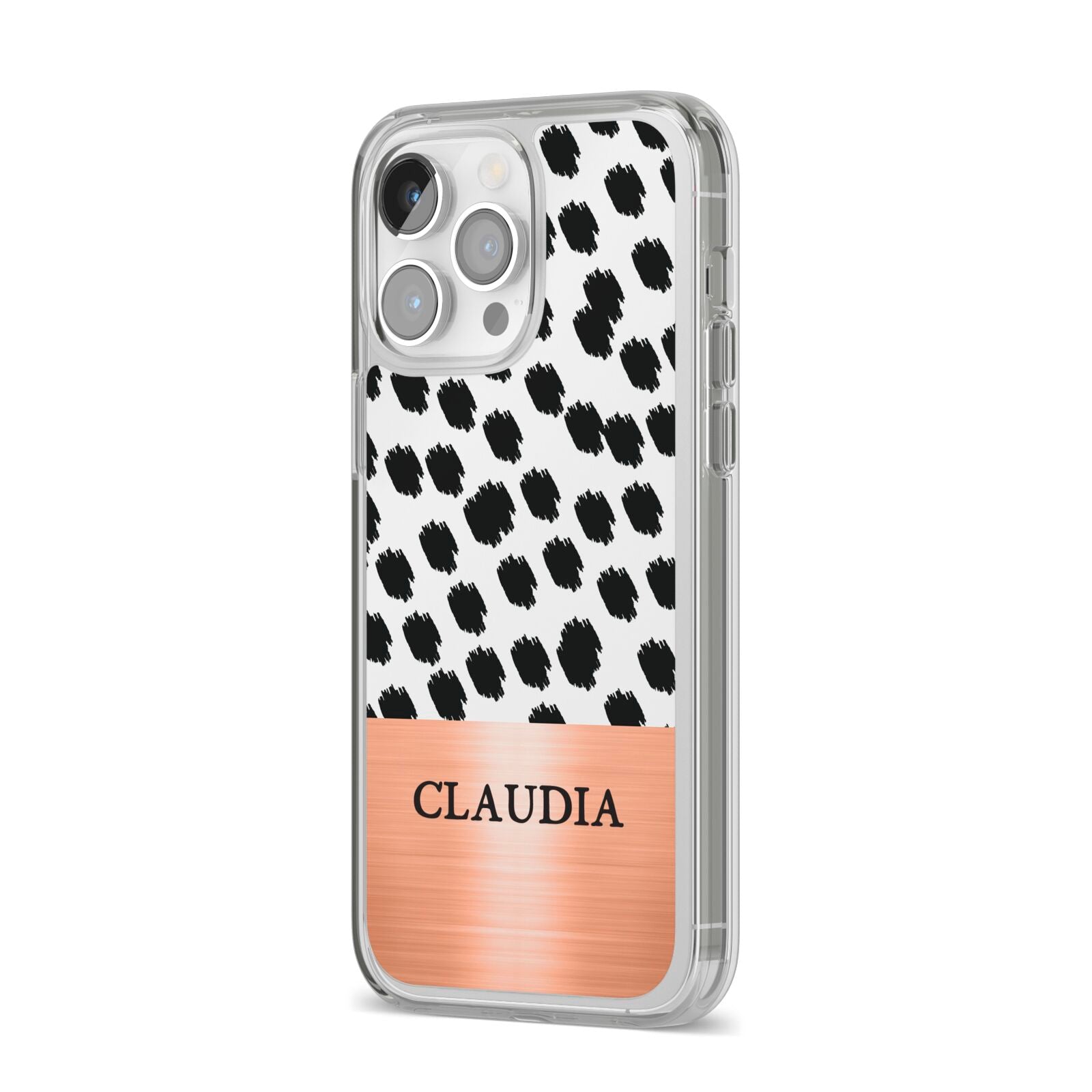 Personalised Animal Print Rose Gold Name iPhone 14 Pro Max Clear Tough Case Silver Angled Image