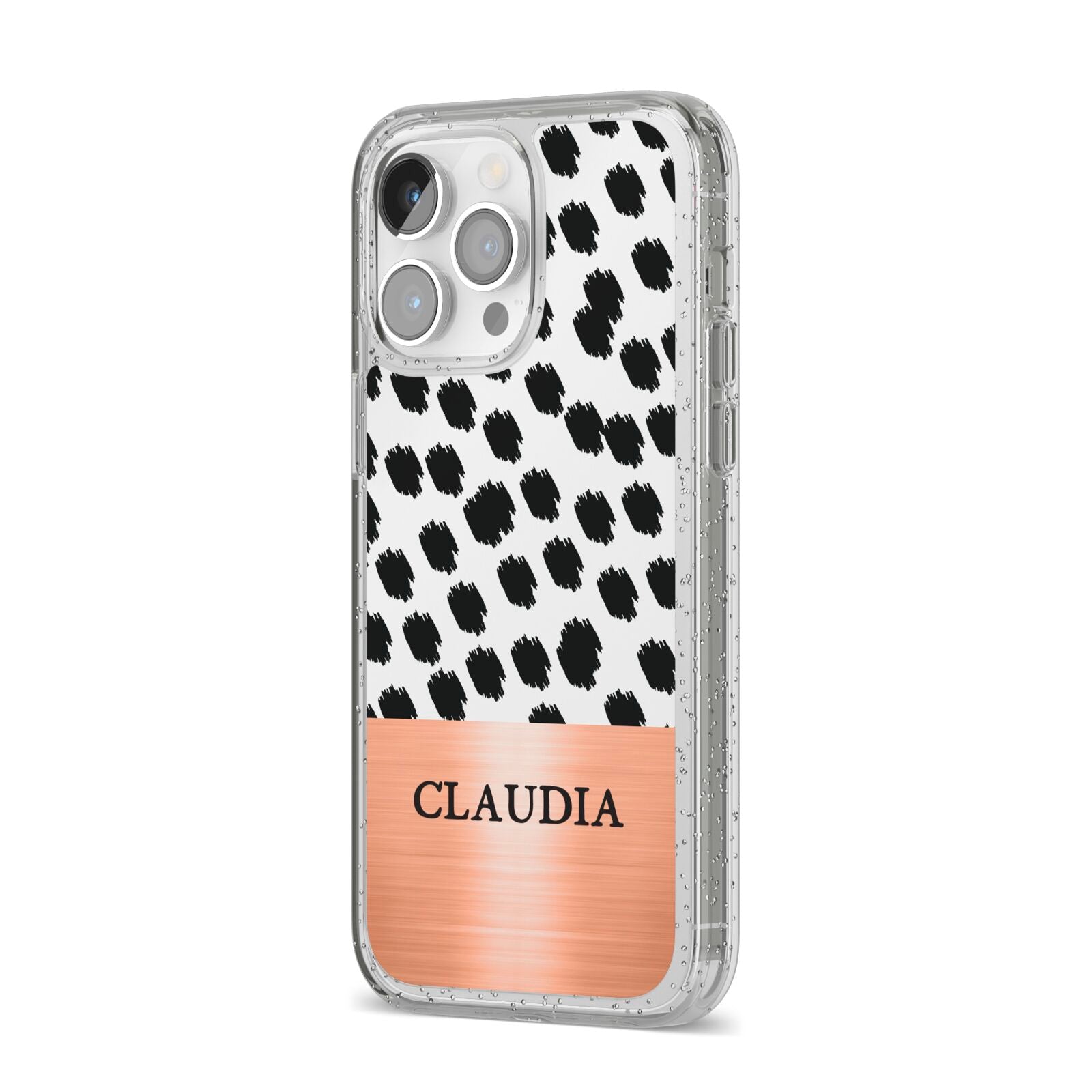 Personalised Animal Print Rose Gold Name iPhone 14 Pro Max Glitter Tough Case Silver Angled Image