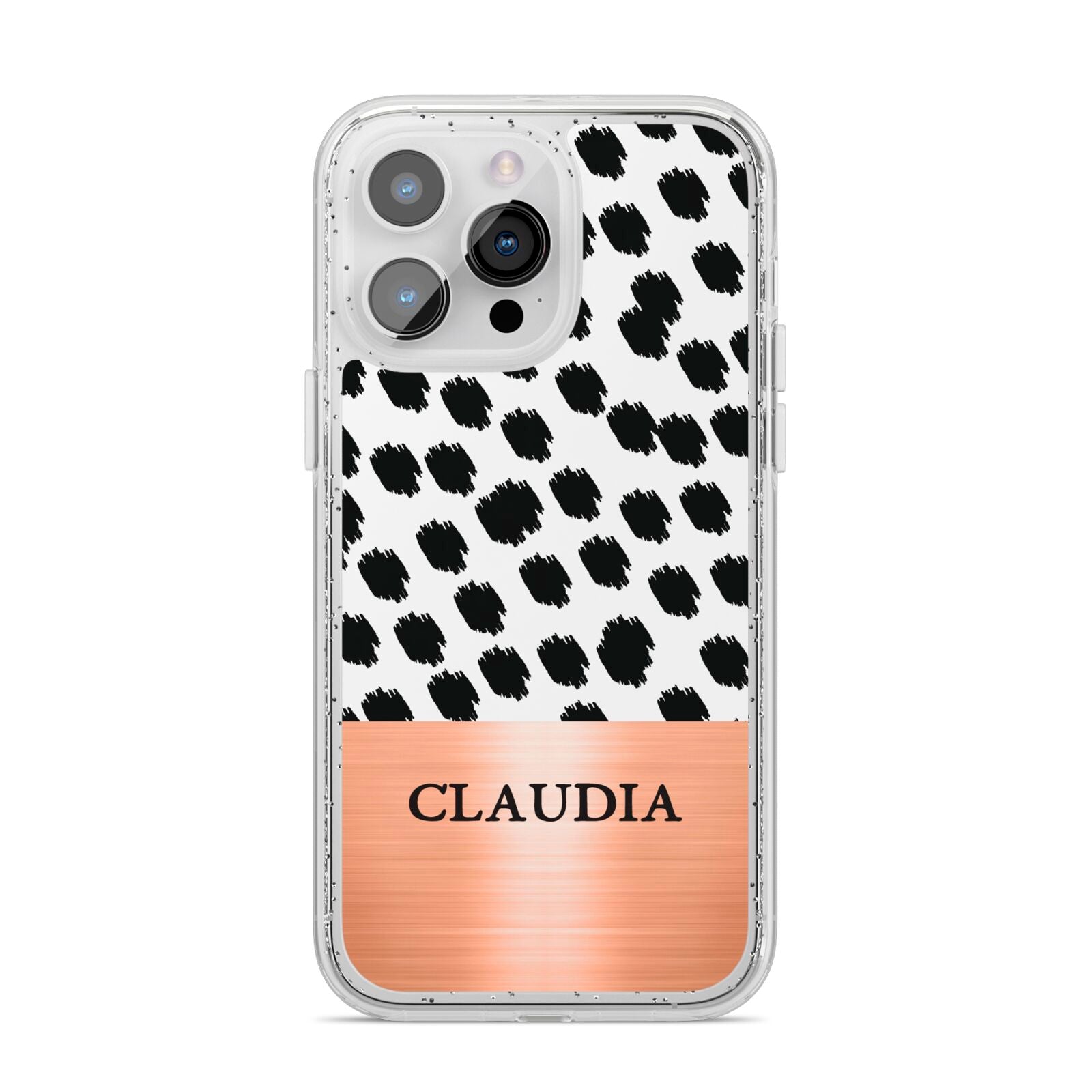 Personalised Animal Print Rose Gold Name iPhone 14 Pro Max Glitter Tough Case Silver