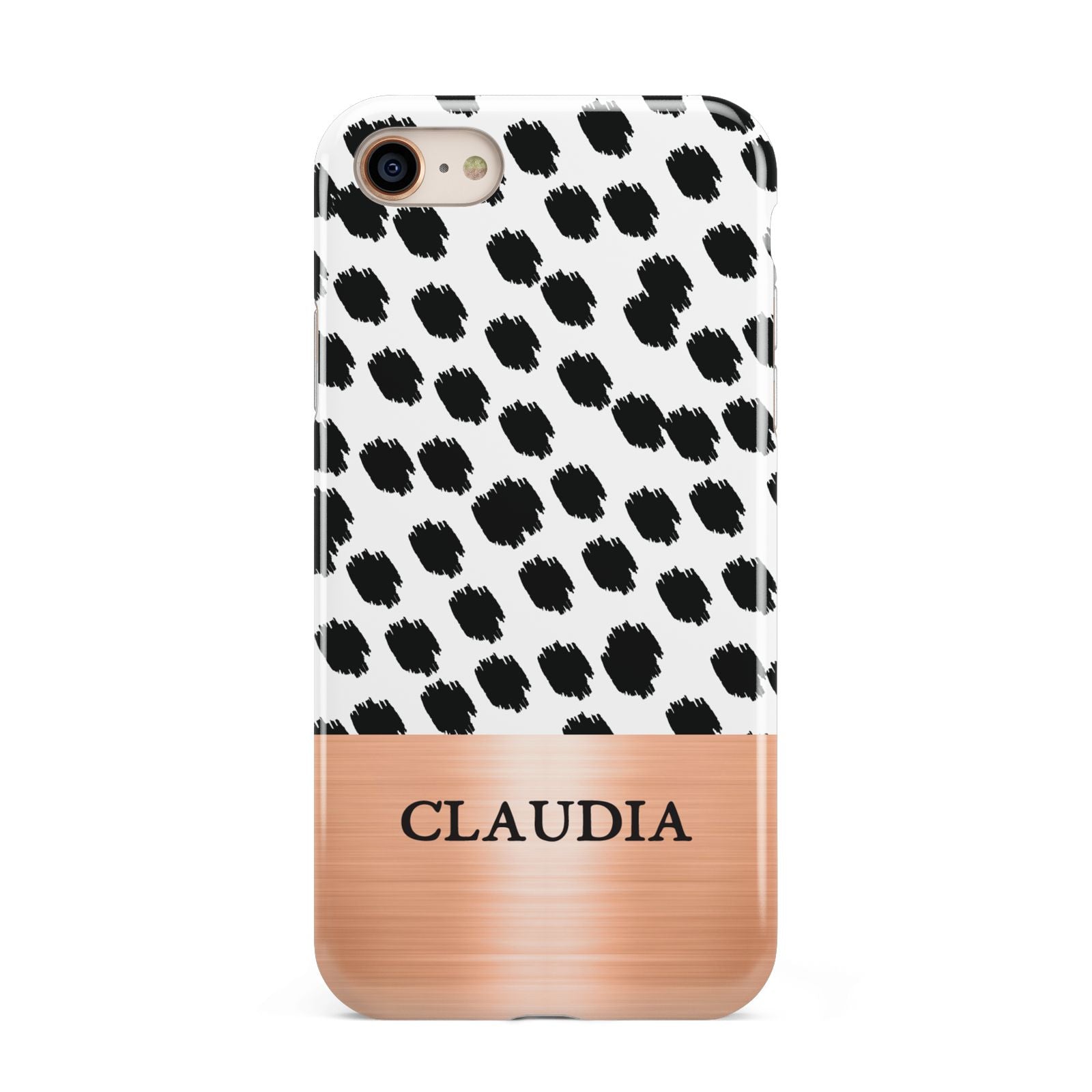 Personalised Animal Print Rose Gold Name iPhone 8 3D Tough Case on Gold Phone
