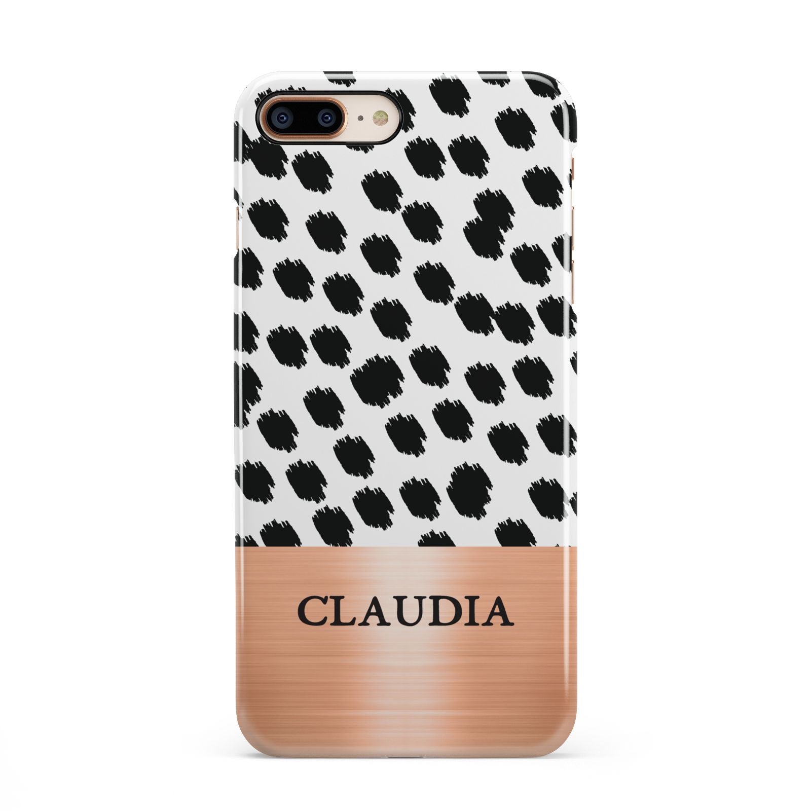 Personalised Animal Print Rose Gold Name iPhone 8 Plus 3D Snap Case on Gold Phone