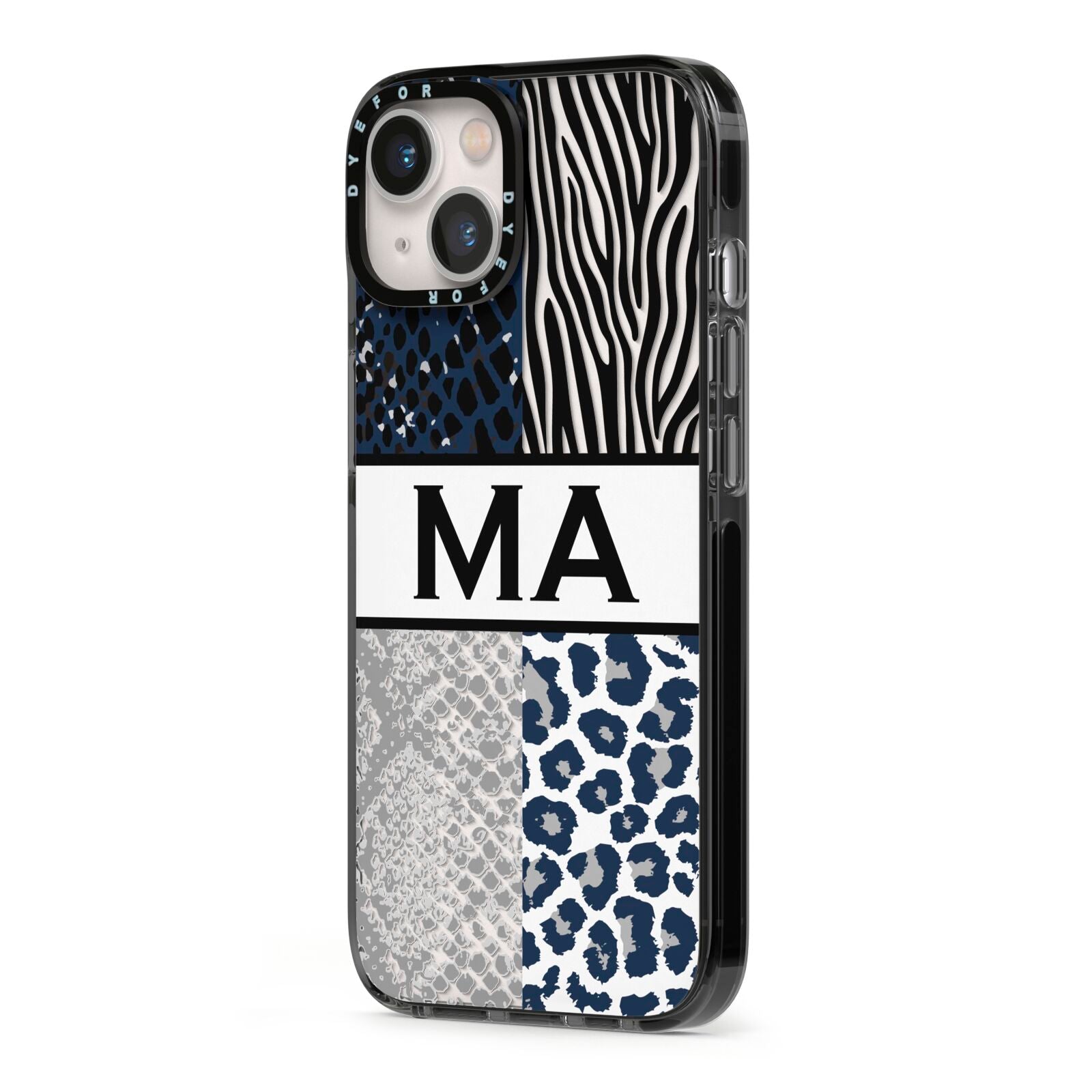 Personalised Animal Print iPhone 13 Black Impact Case Side Angle on Silver phone