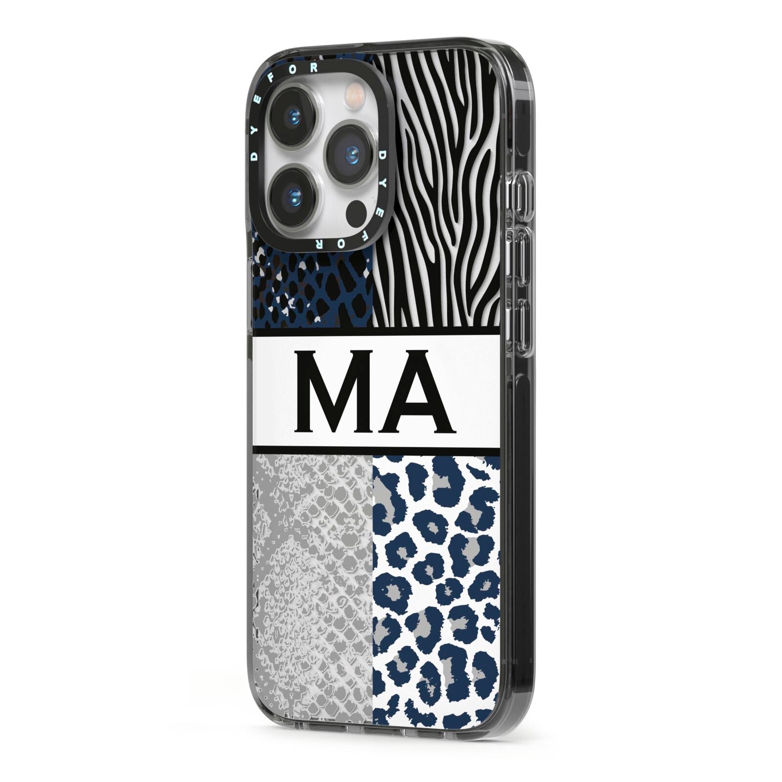 Personalised Animal Print iPhone 13 Pro Black Impact Case Side Angle on Silver phone