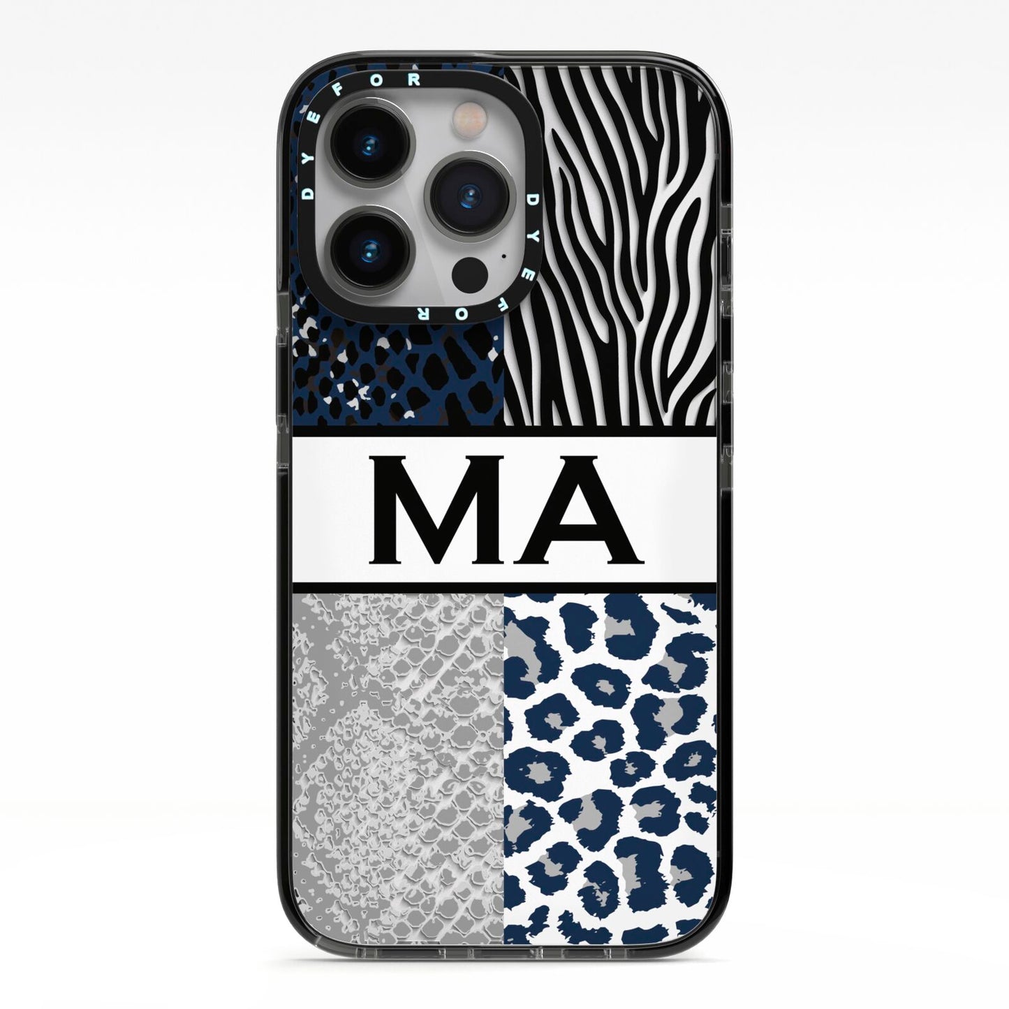 Personalised Animal Print iPhone 13 Pro Black Impact Case on Silver phone