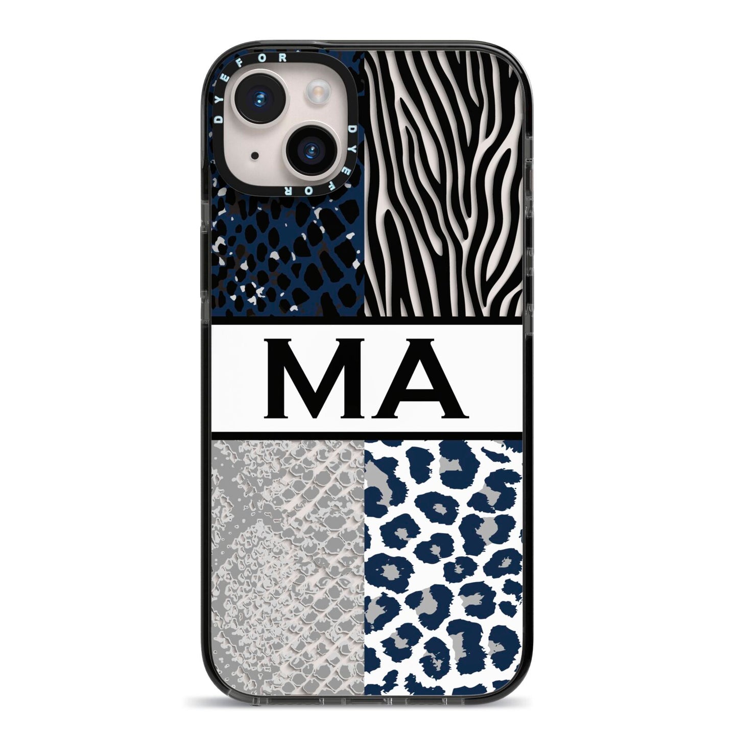 Personalised Animal Print iPhone 14 Plus Black Impact Case on Silver phone