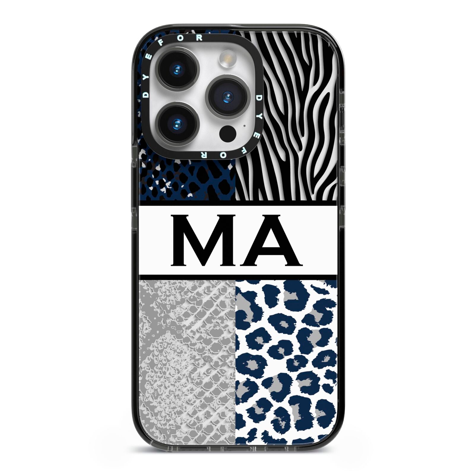 Personalised Animal Print iPhone 14 Pro Black Impact Case on Silver phone