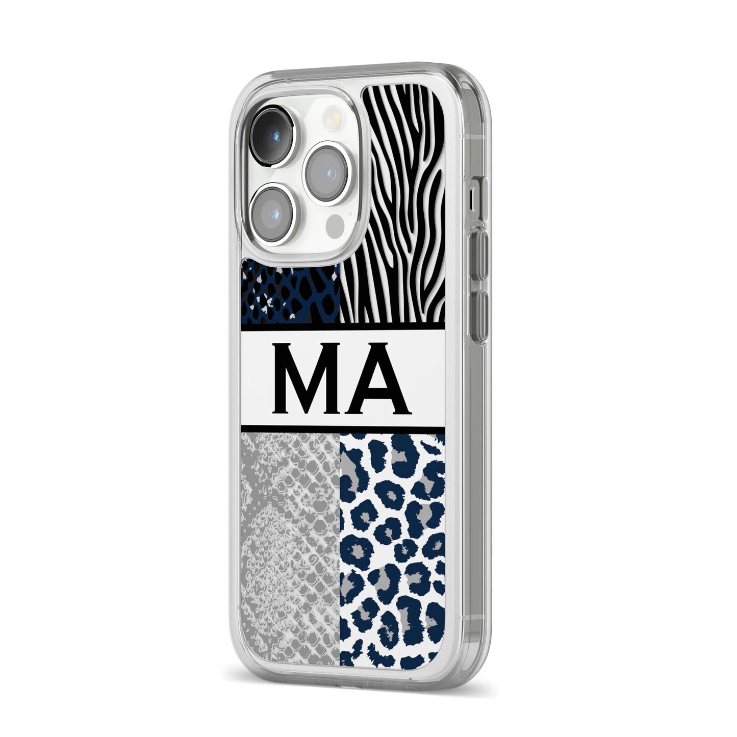 Personalised Animal Print iPhone 14 Pro Clear Tough Case Silver Angled Image
