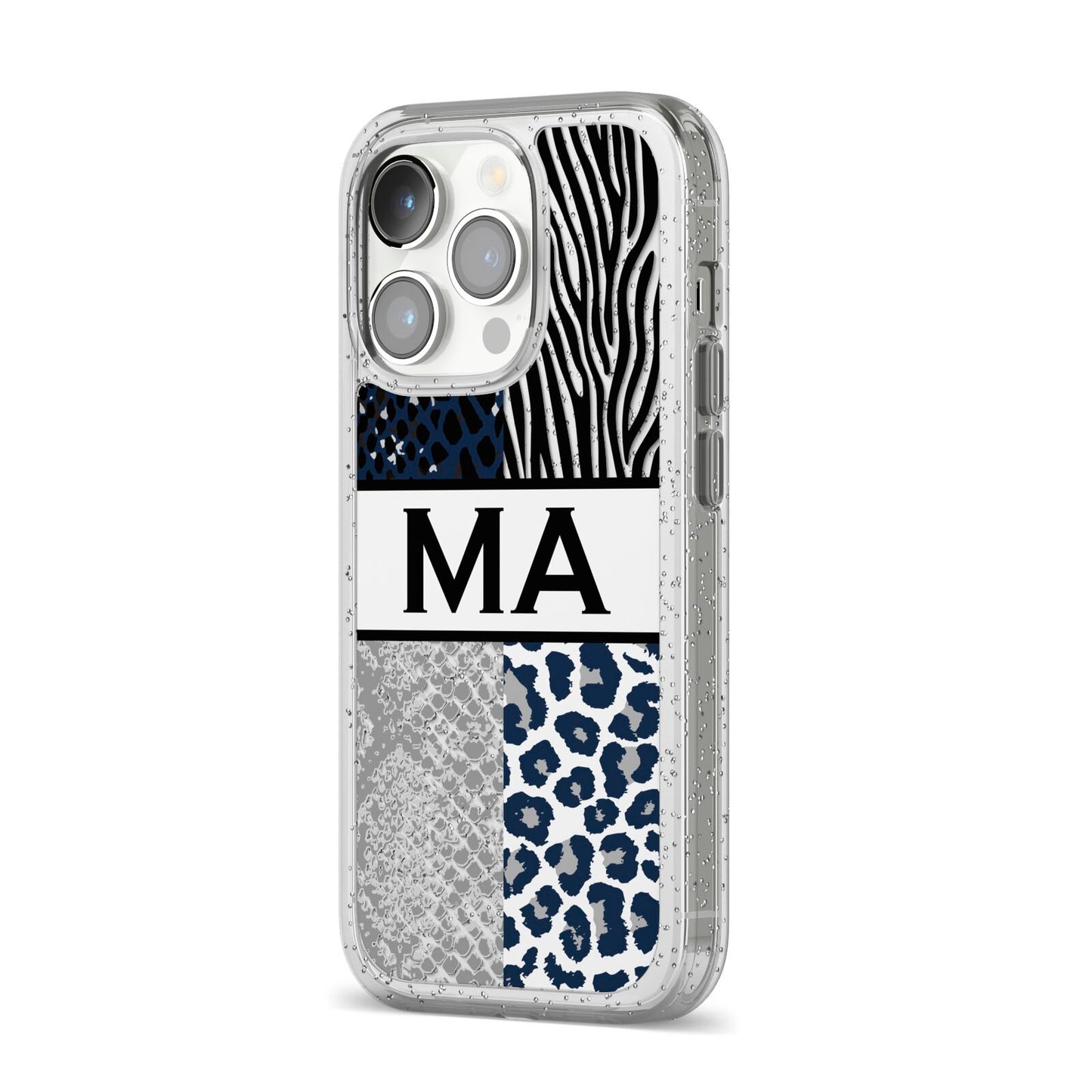 Personalised Animal Print iPhone 14 Pro Glitter Tough Case Silver Angled Image