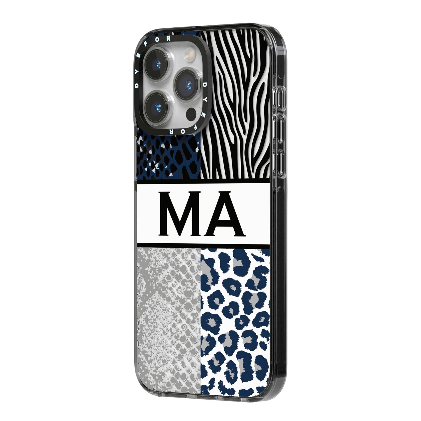 Personalised Animal Print iPhone 14 Pro Max Black Impact Case Side Angle on Silver phone