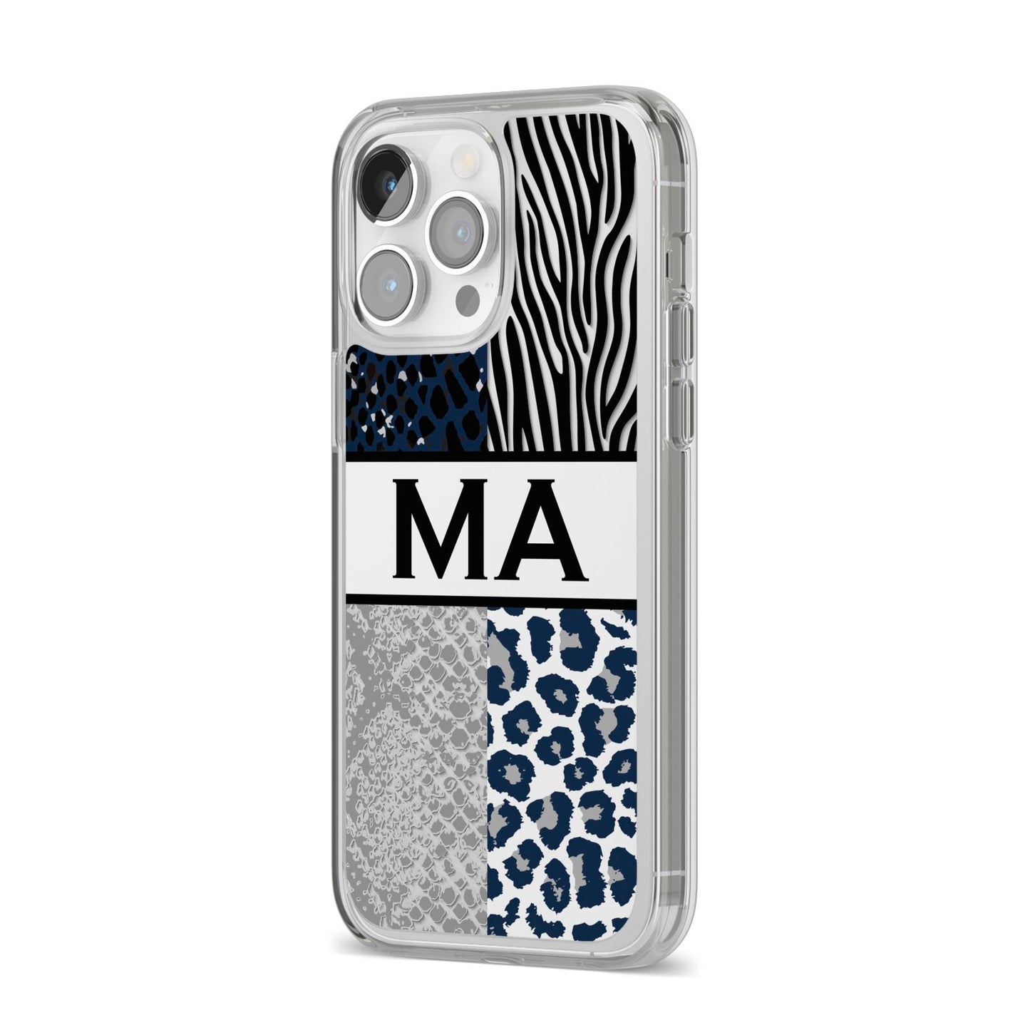 Personalised Animal Print iPhone 14 Pro Max Clear Tough Case Silver Angled Image