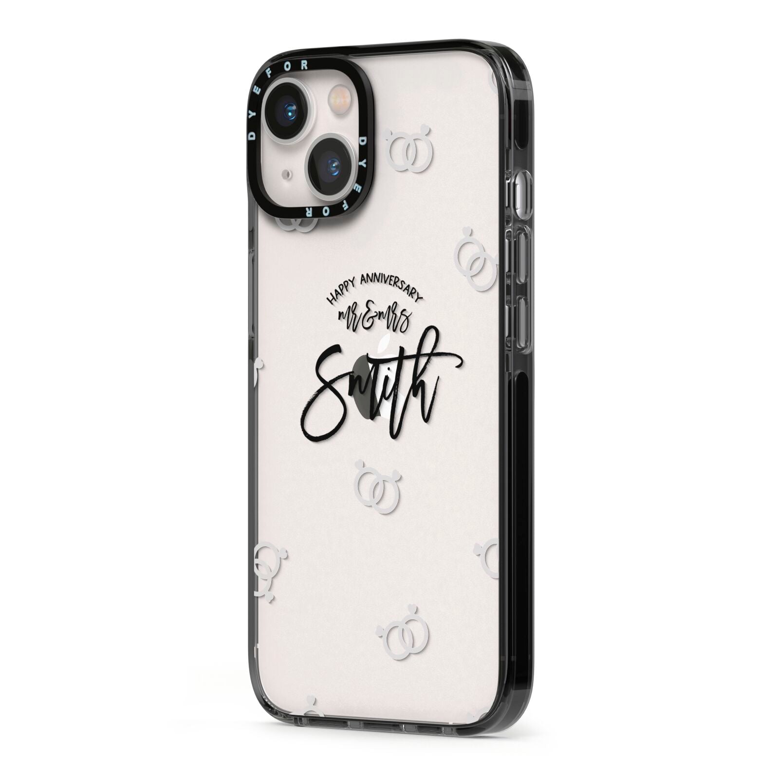 Personalised Anniversary Monochrome iPhone 13 Black Impact Case Side Angle on Silver phone