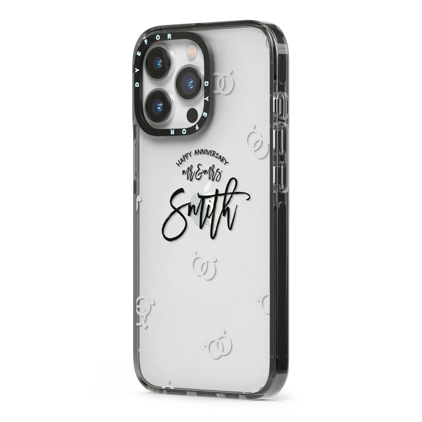 Personalised Anniversary Monochrome iPhone 13 Pro Black Impact Case Side Angle on Silver phone
