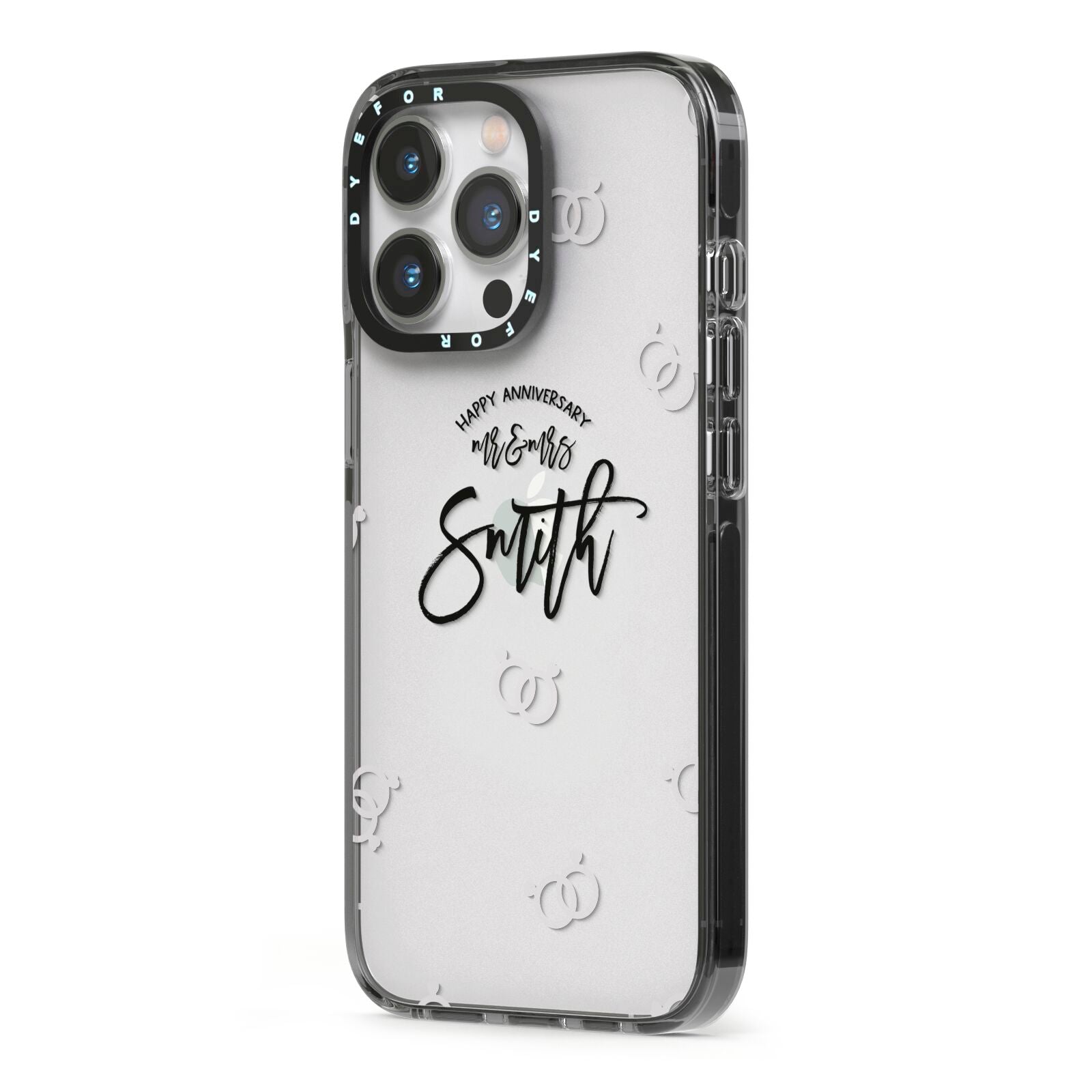 Personalised Anniversary Monochrome iPhone 13 Pro Black Impact Case Side Angle on Silver phone