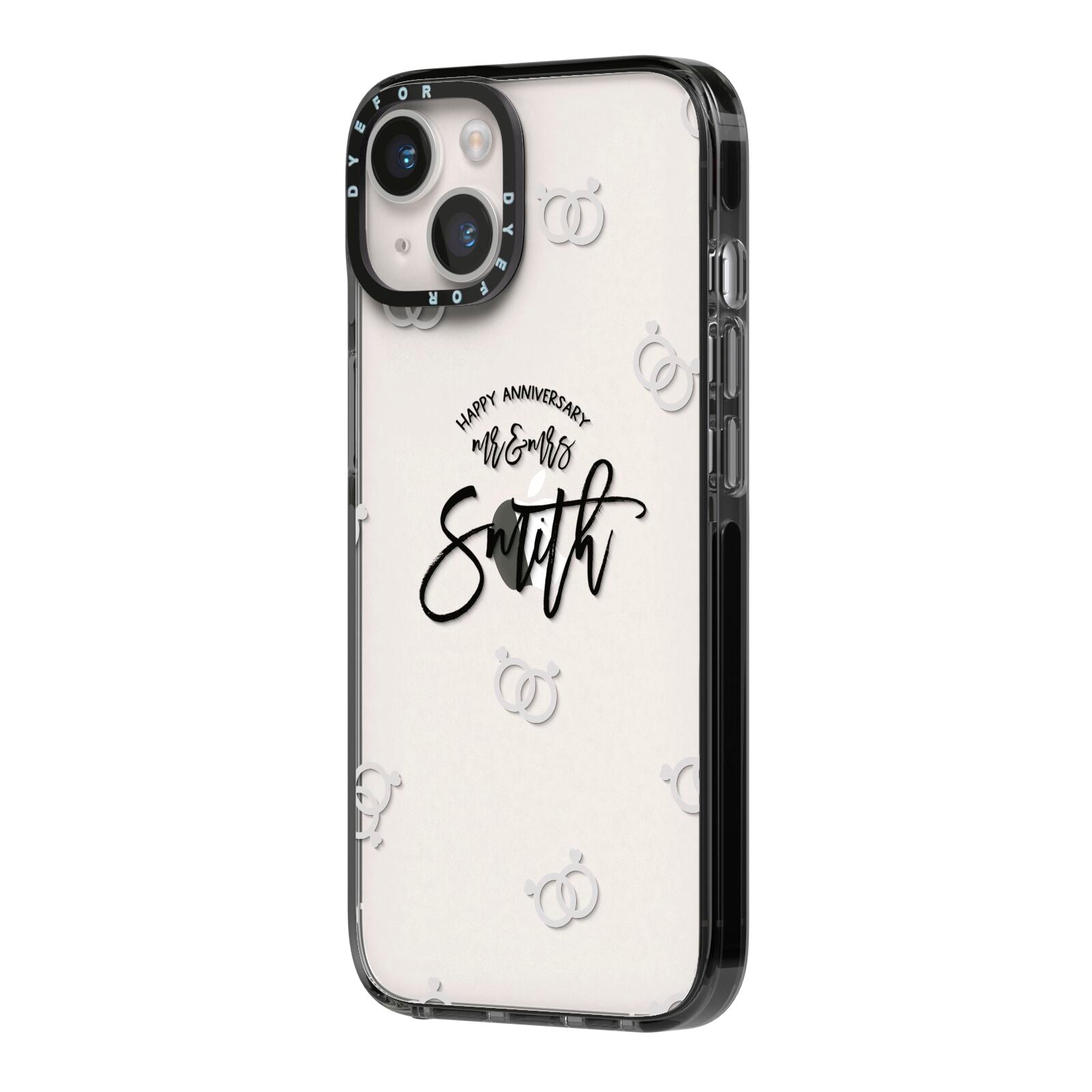 Personalised Anniversary Monochrome iPhone 14 Black Impact Case Side Angle on Silver phone