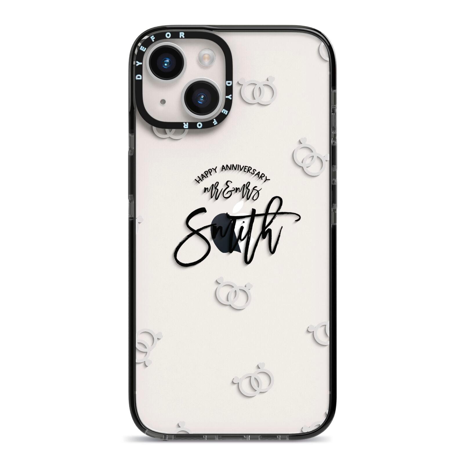 Personalised Anniversary Monochrome iPhone 14 Black Impact Case on Silver phone