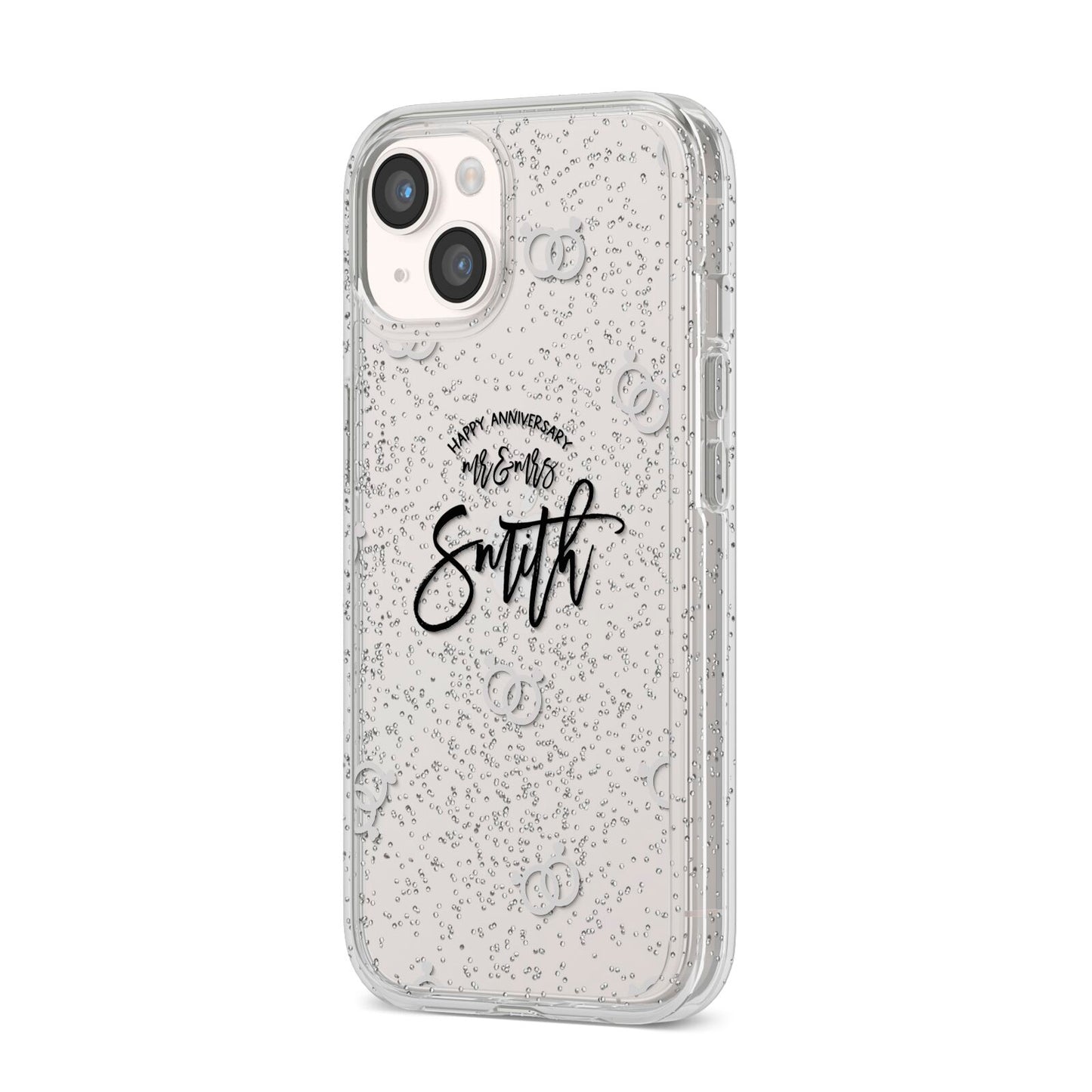 Personalised Anniversary Monochrome iPhone 14 Glitter Tough Case Starlight Angled Image