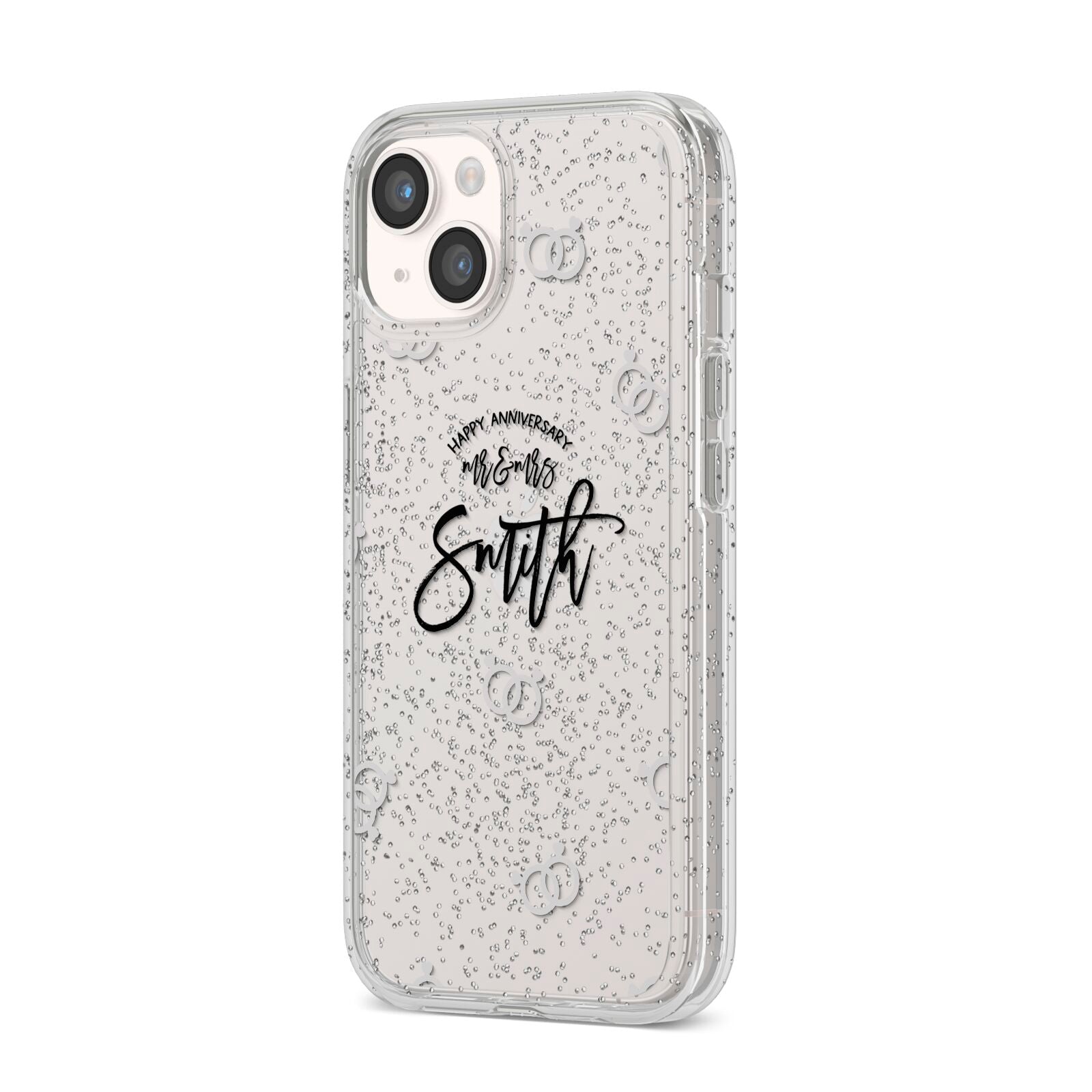 Personalised Anniversary Monochrome iPhone 14 Glitter Tough Case Starlight Angled Image