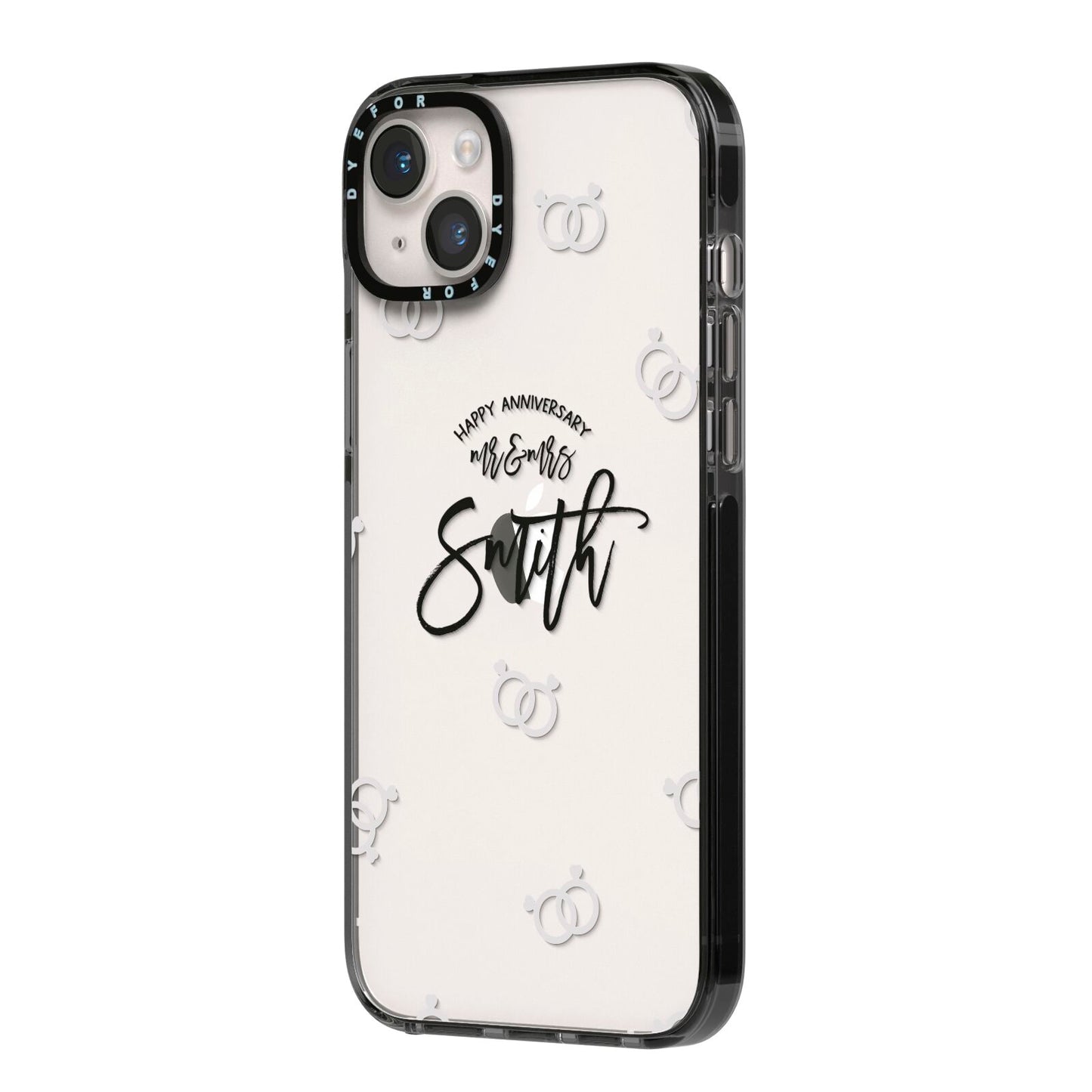 Personalised Anniversary Monochrome iPhone 14 Plus Black Impact Case Side Angle on Silver phone
