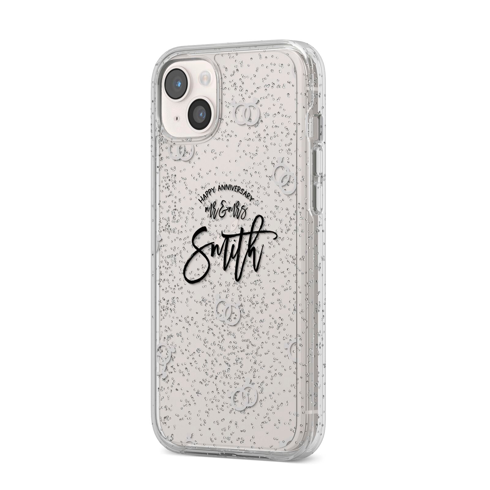 Personalised Anniversary Monochrome iPhone 14 Plus Glitter Tough Case Starlight Angled Image
