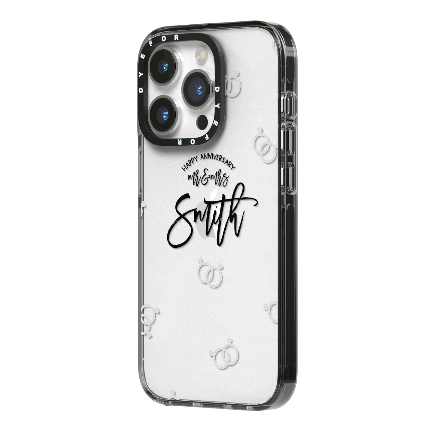 Personalised Anniversary Monochrome iPhone 14 Pro Black Impact Case Side Angle on Silver phone