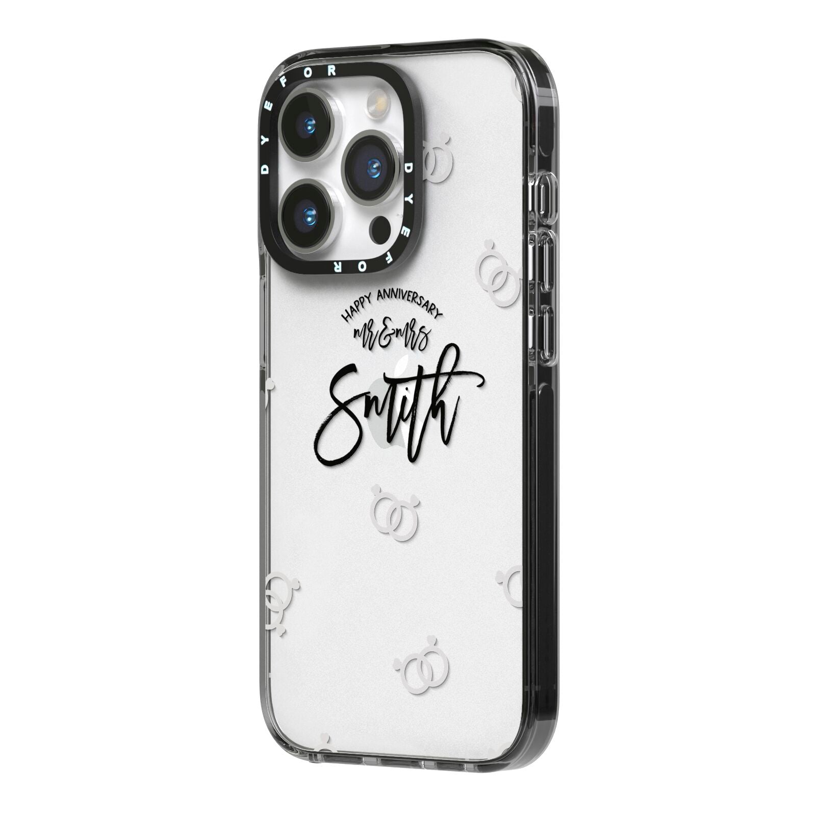 Personalised Anniversary Monochrome iPhone 14 Pro Black Impact Case Side Angle on Silver phone