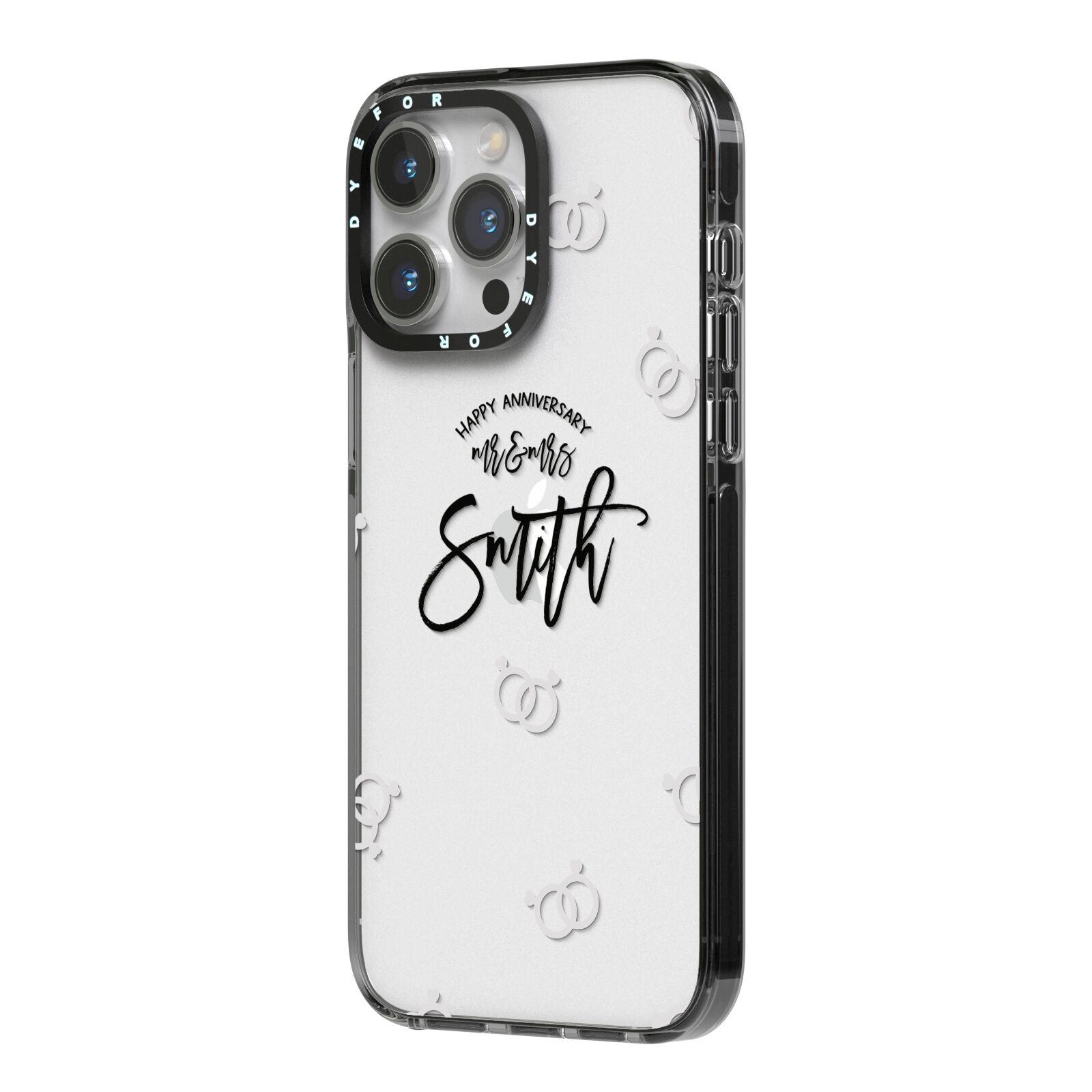 Personalised Anniversary Monochrome iPhone 14 Pro Max Black Impact Case Side Angle on Silver phone