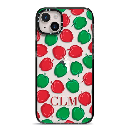 Personalised Apples Initials Clear iPhone 14 Plus Black Impact Case on Silver phone