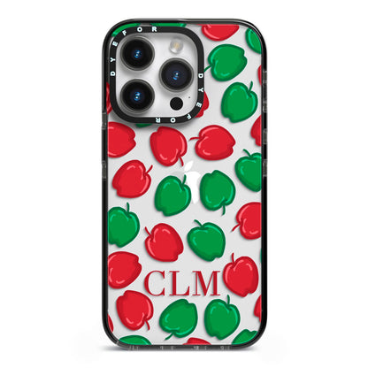 Personalised Apples Initials Clear iPhone 14 Pro Black Impact Case on Silver phone