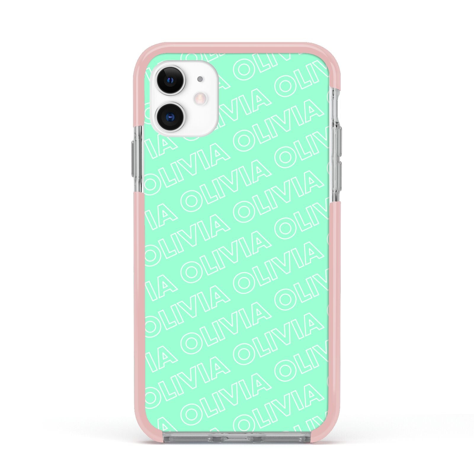 Personalised Aqua Diagonal Name Apple iPhone 11 in White with Pink Impact Case