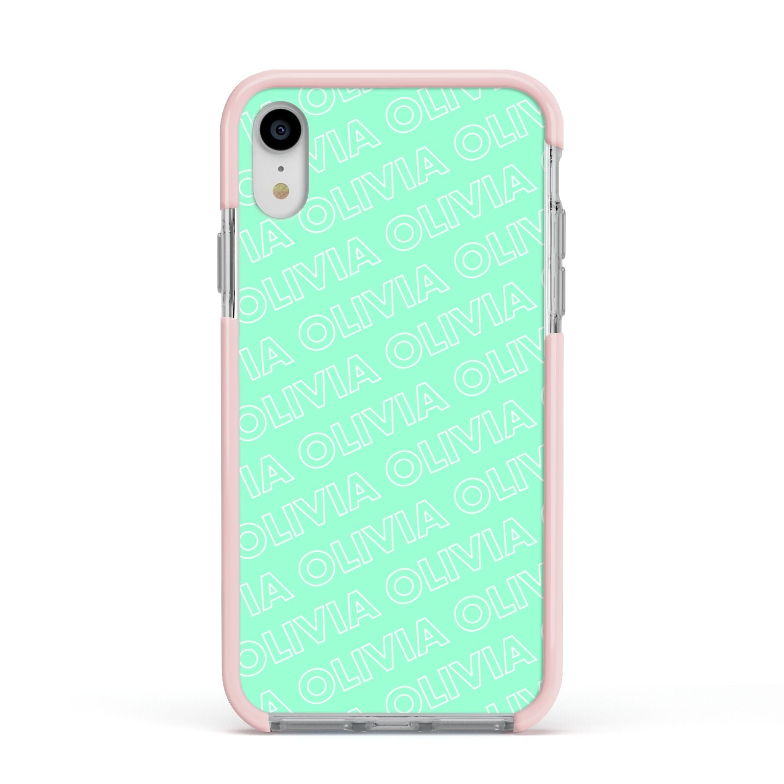 Personalised Aqua Diagonal Name Apple iPhone XR Impact Case Pink Edge on Silver Phone