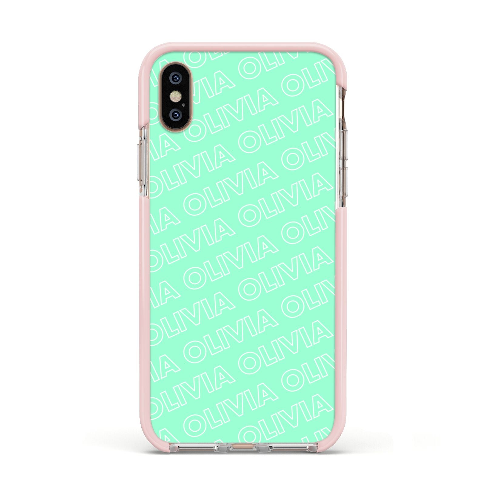 Personalised Aqua Diagonal Name Apple iPhone Xs Impact Case Pink Edge on Gold Phone