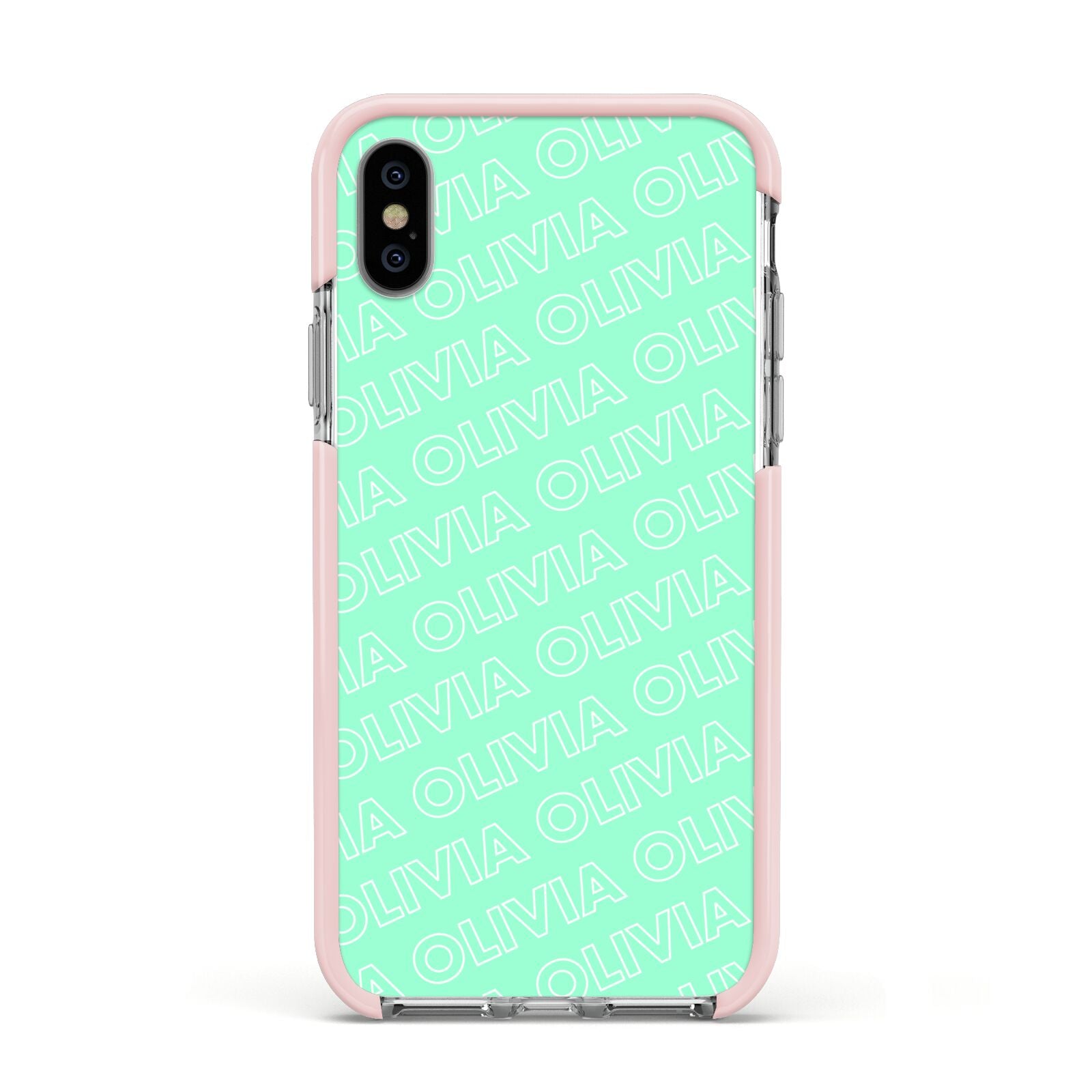 Personalised Aqua Diagonal Name Apple iPhone Xs Impact Case Pink Edge on Silver Phone