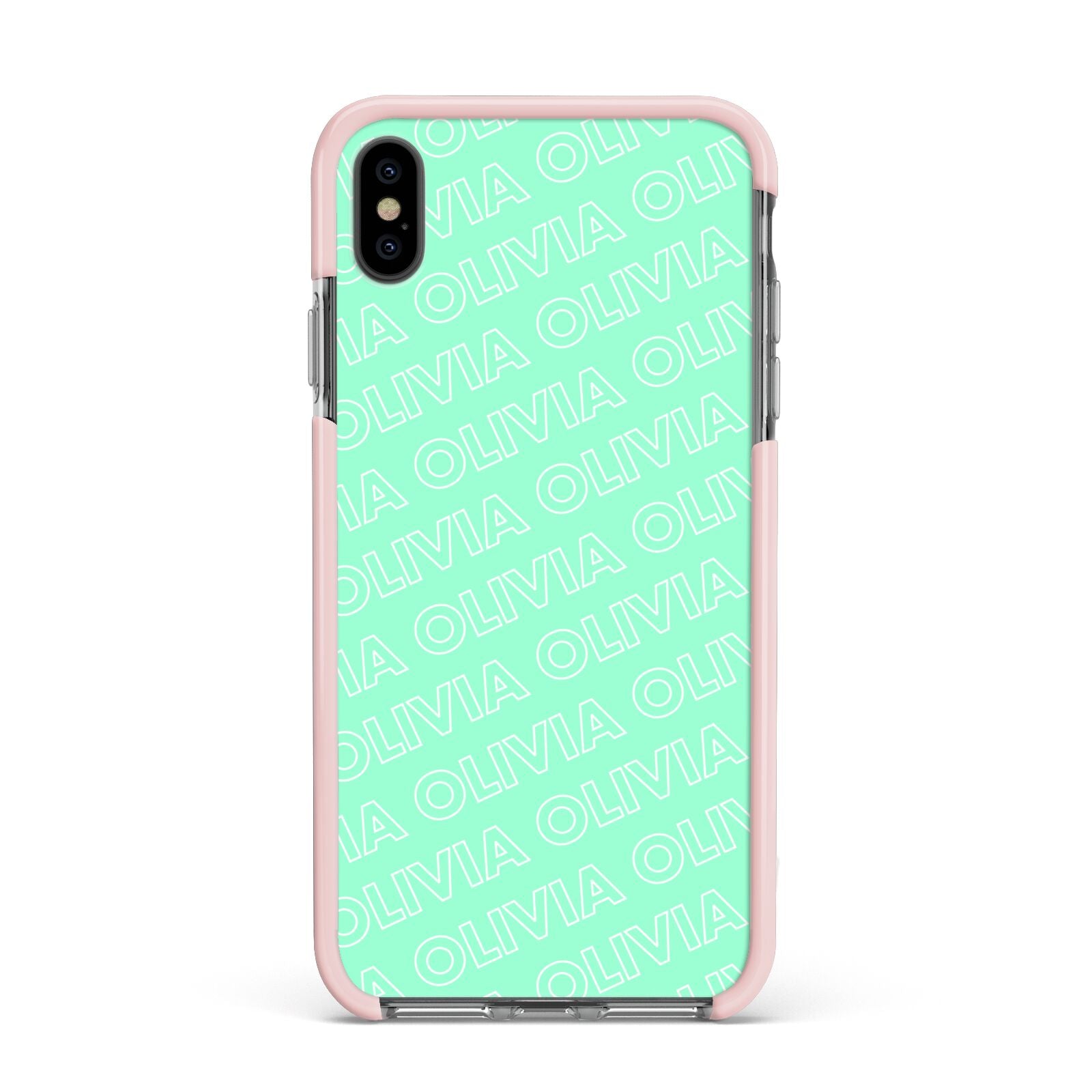 Personalised Aqua Diagonal Name Apple iPhone Xs Max Impact Case Pink Edge on Black Phone
