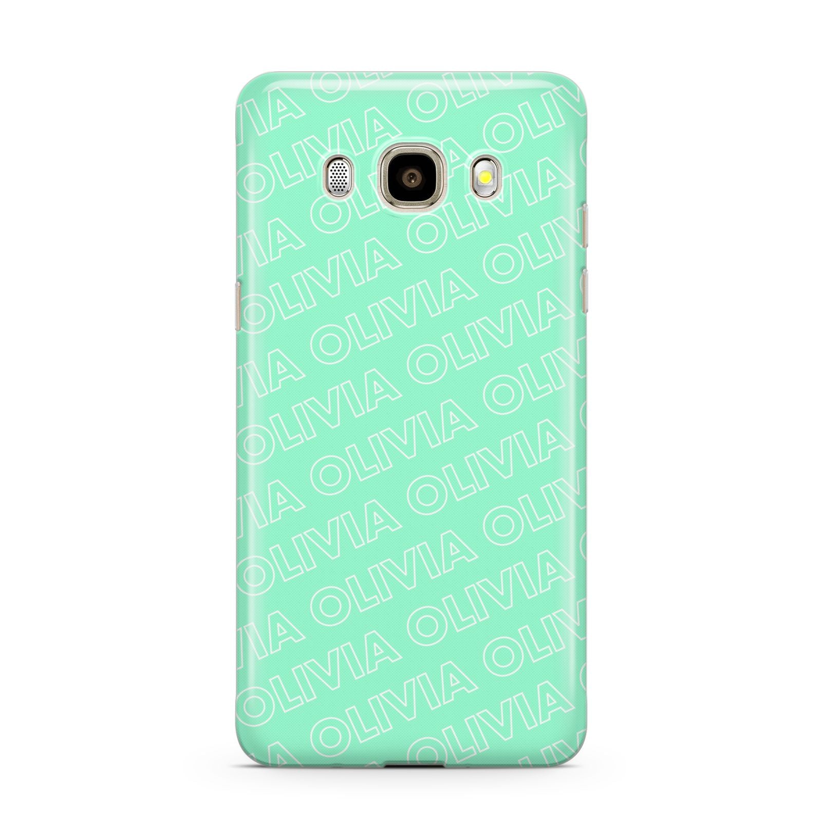 Personalised Aqua Diagonal Name Samsung Galaxy J7 2016 Case on gold phone