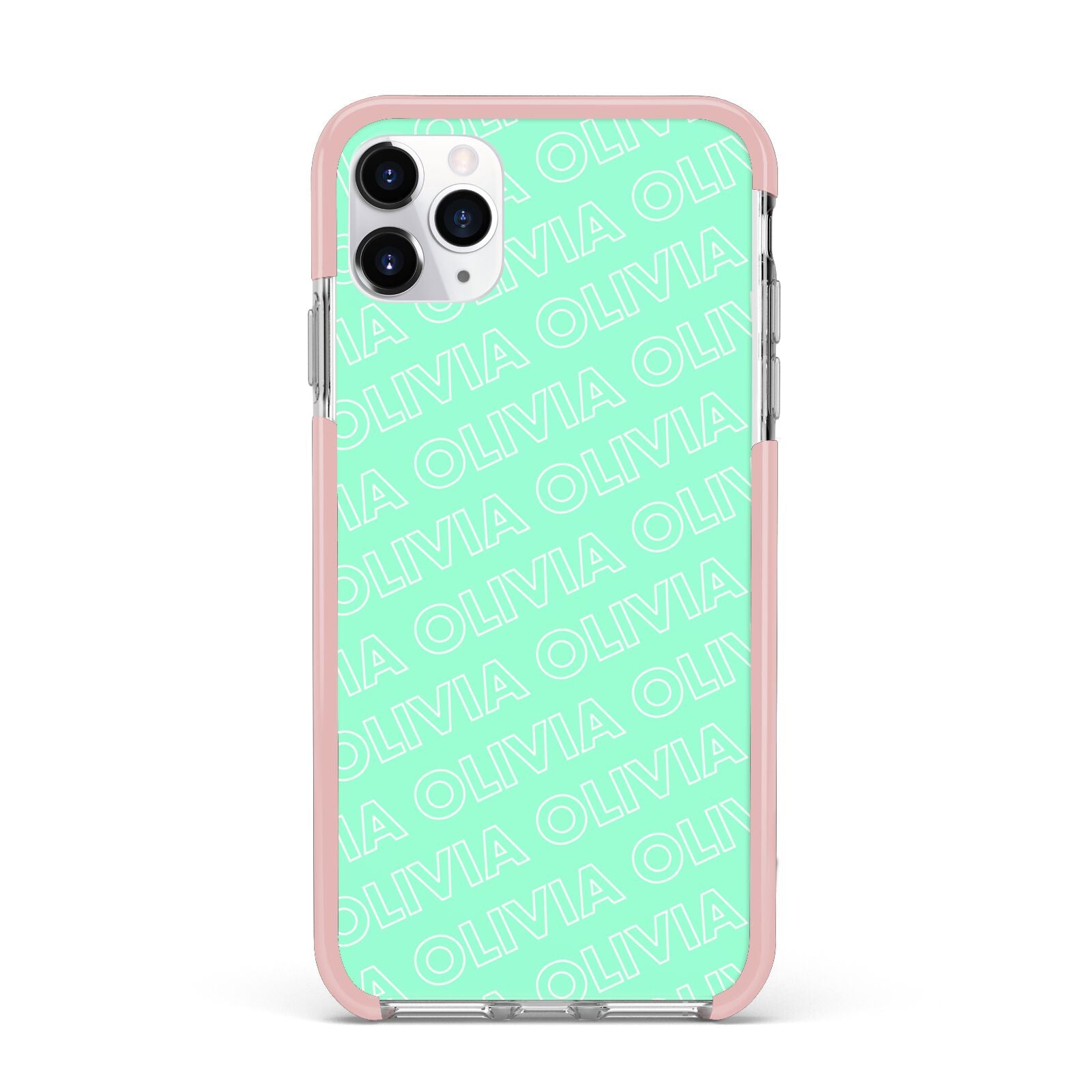 Personalised Aqua Diagonal Name iPhone 11 Pro Max Impact Pink Edge Case