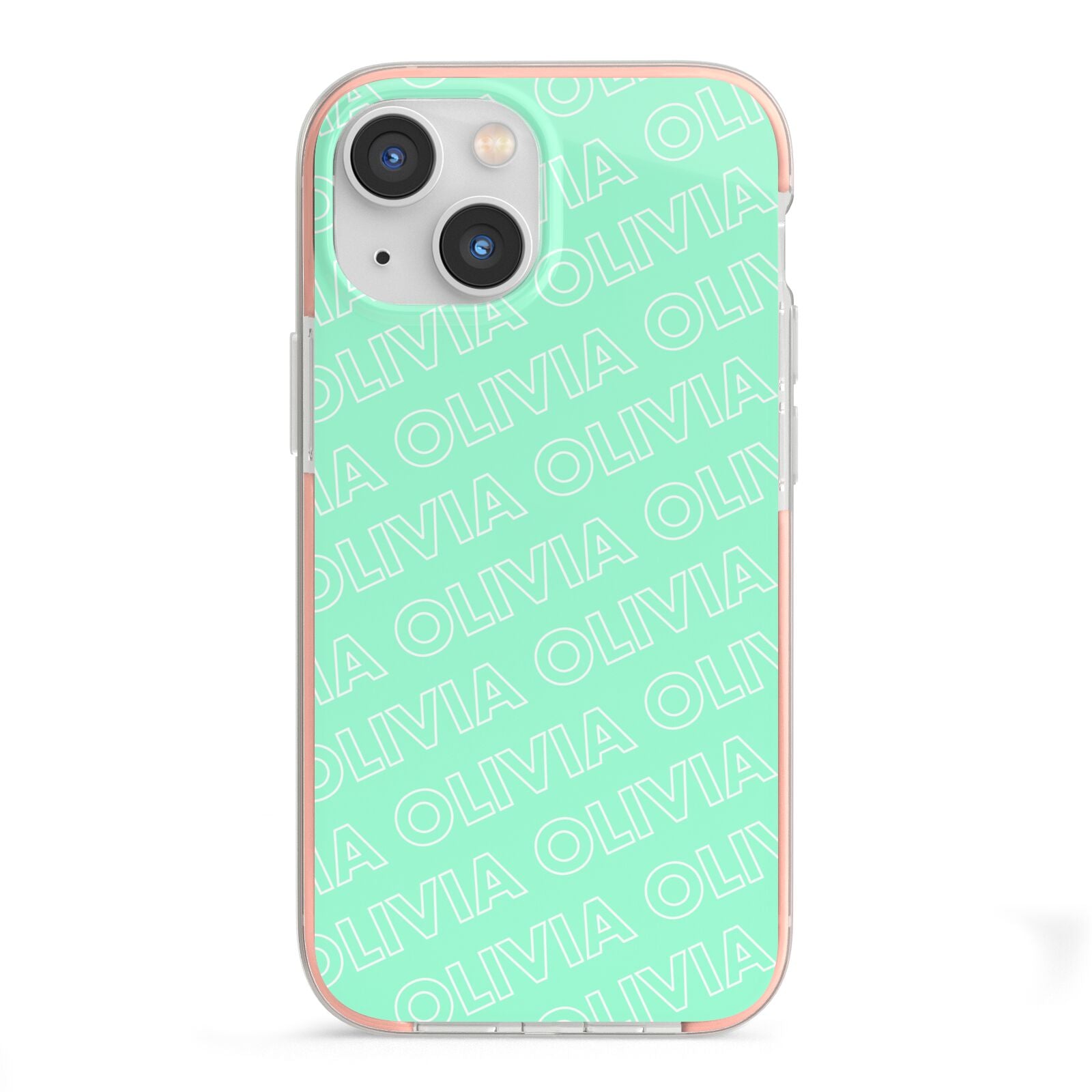 Personalised Aqua Diagonal Name iPhone 13 Mini TPU Impact Case with Pink Edges