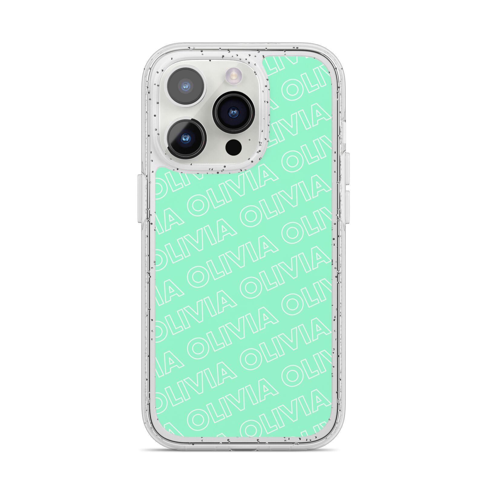 Personalised Aqua Diagonal Name iPhone 14 Pro Glitter Tough Case Silver