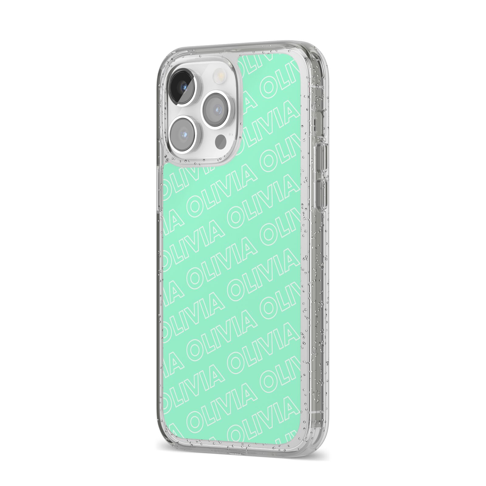 Personalised Aqua Diagonal Name iPhone 14 Pro Max Glitter Tough Case Silver Angled Image